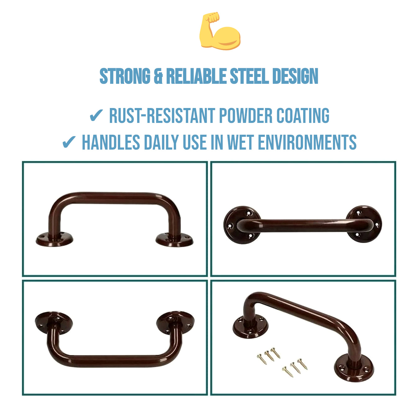 2 x Bathroom Grab Bar for Elderly, Disabled, Seniors - 200 mm Brown Safety Handrail & Fixings - Powder Coated Steel Support Handle