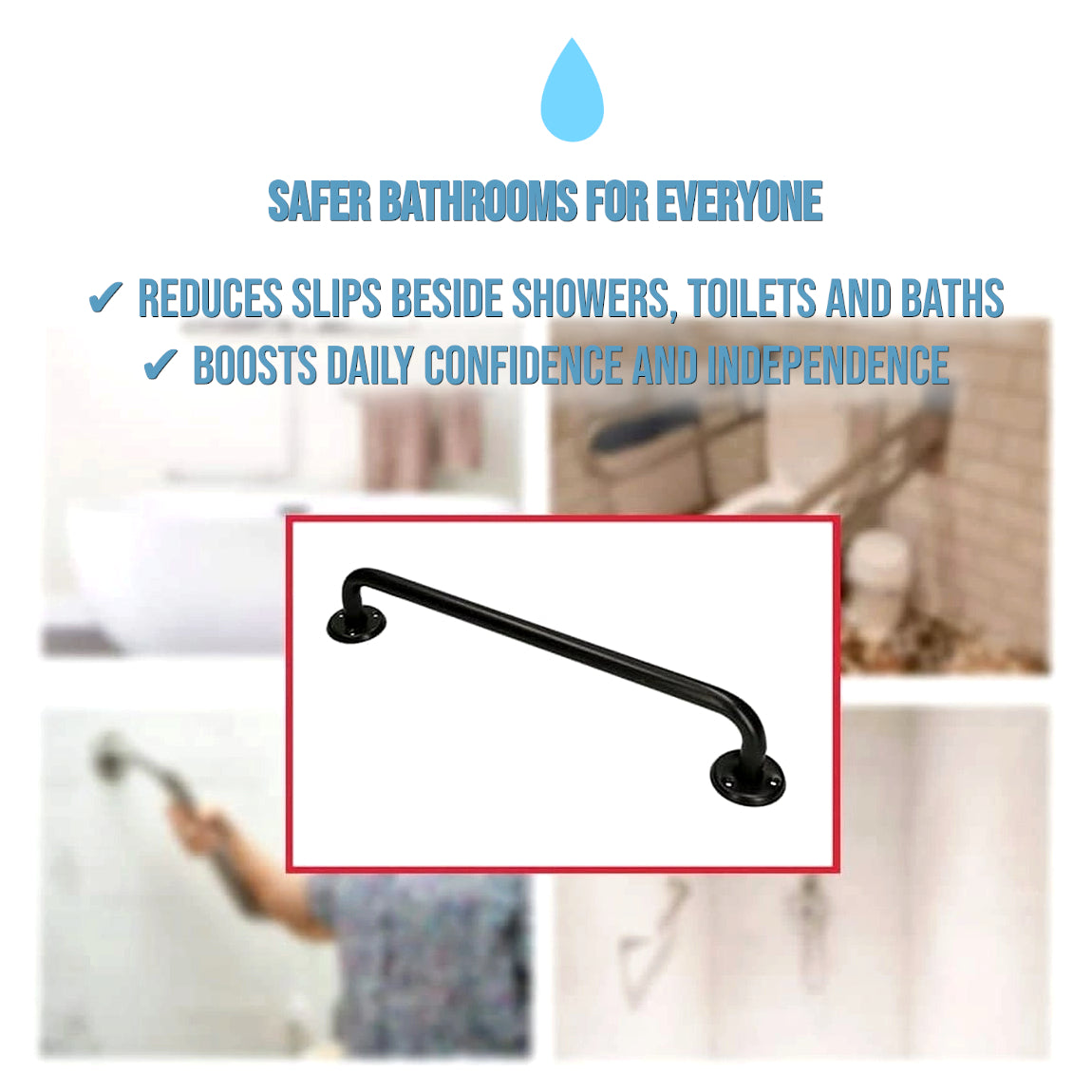 2 x Bathroom Grab Bar for Elderly, Disabled, Seniors - 400 mm Black Safety Handrail & Fixings - Powder Coated Steel Support Handle