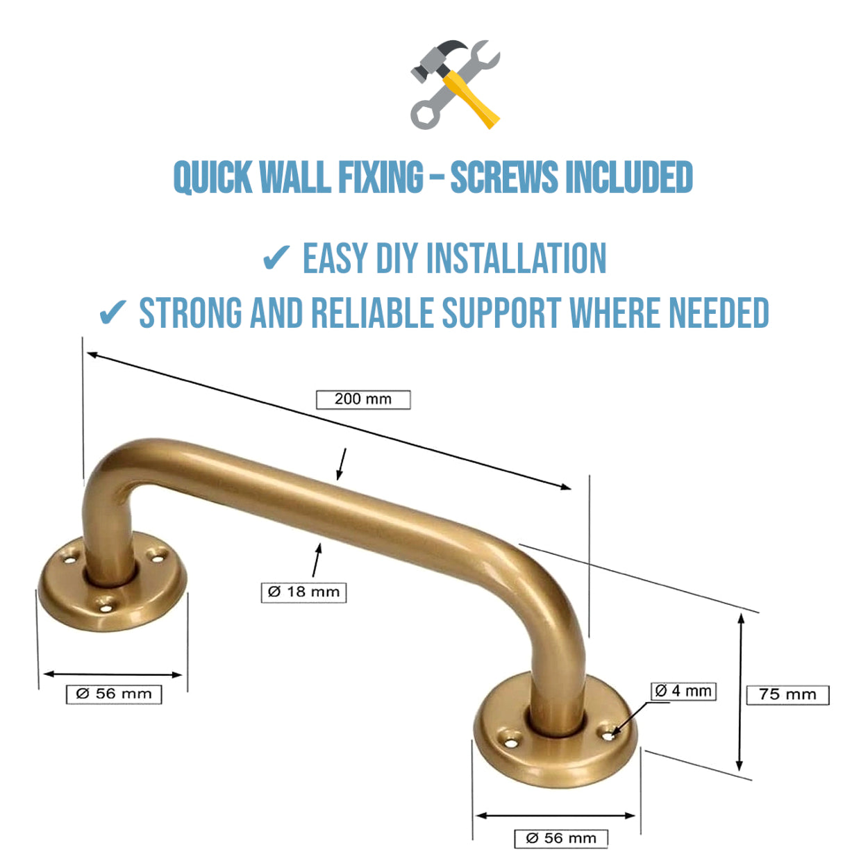 2 x Bathroom Grab Bar for Elderly, Disabled, Seniors - 200 mm Gold Safety Handrail & Fixings - Powder Coated Steel Support Handle