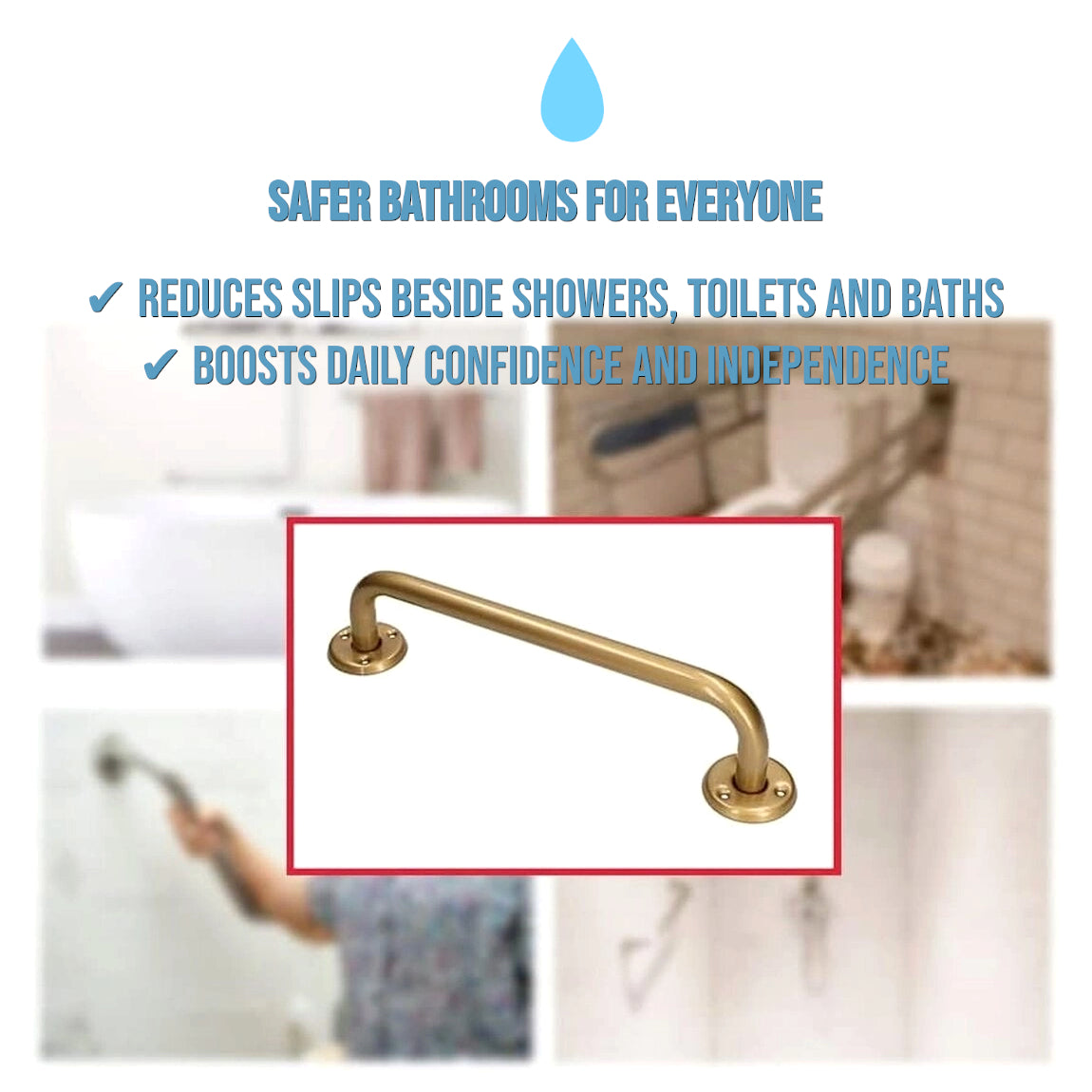 2 x Bathroom Grab Bar for Elderly, Disabled, Seniors - 300 mm Gold Safety Handrail & Fixings - Powder Coated Steel Support Handle