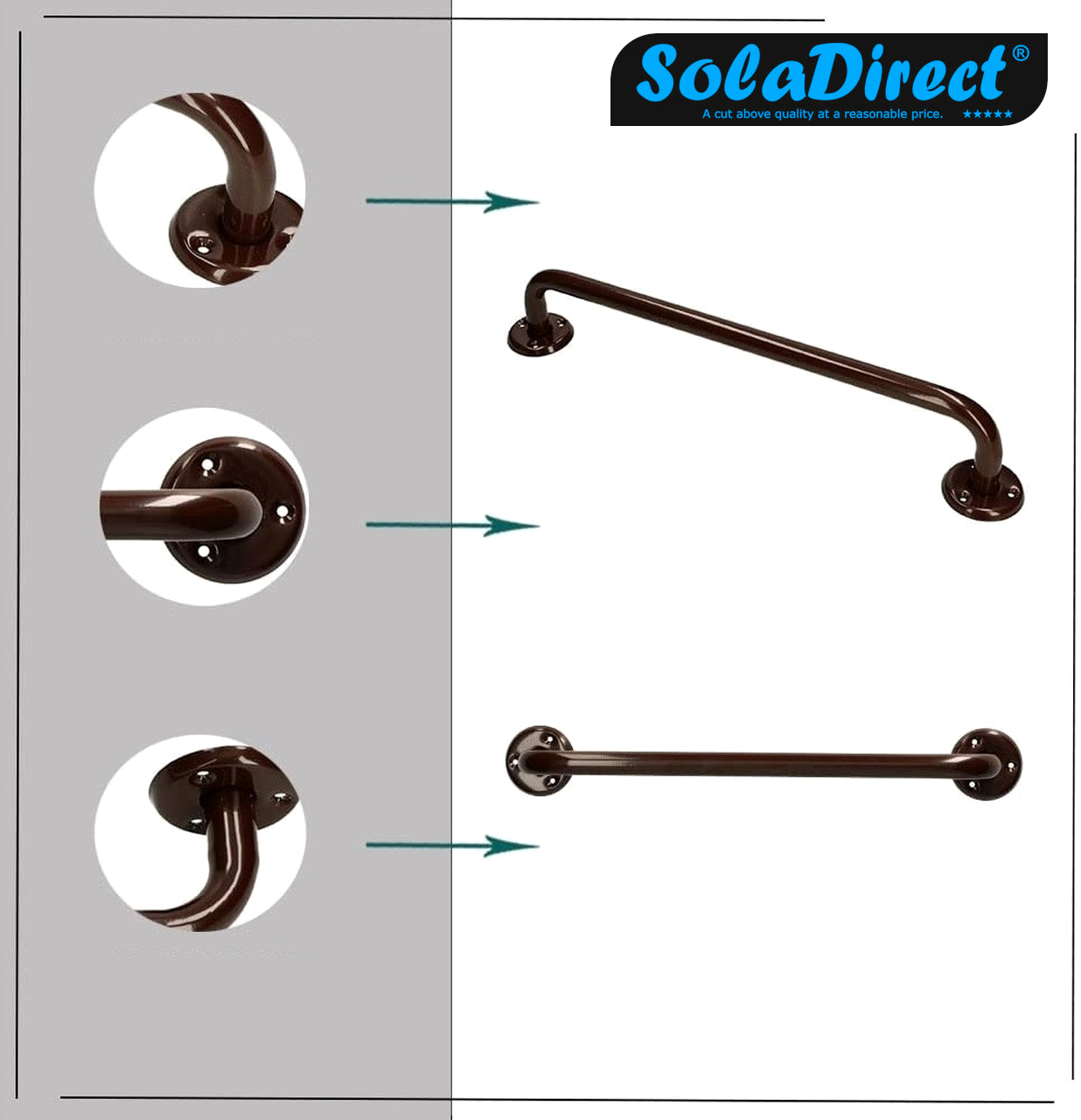 Bathroom Grab Bar for Elderly, Disabled, Seniors - 300 mm Brown Safety Handrail with Fixings - Powder Coated Steel Support Handle