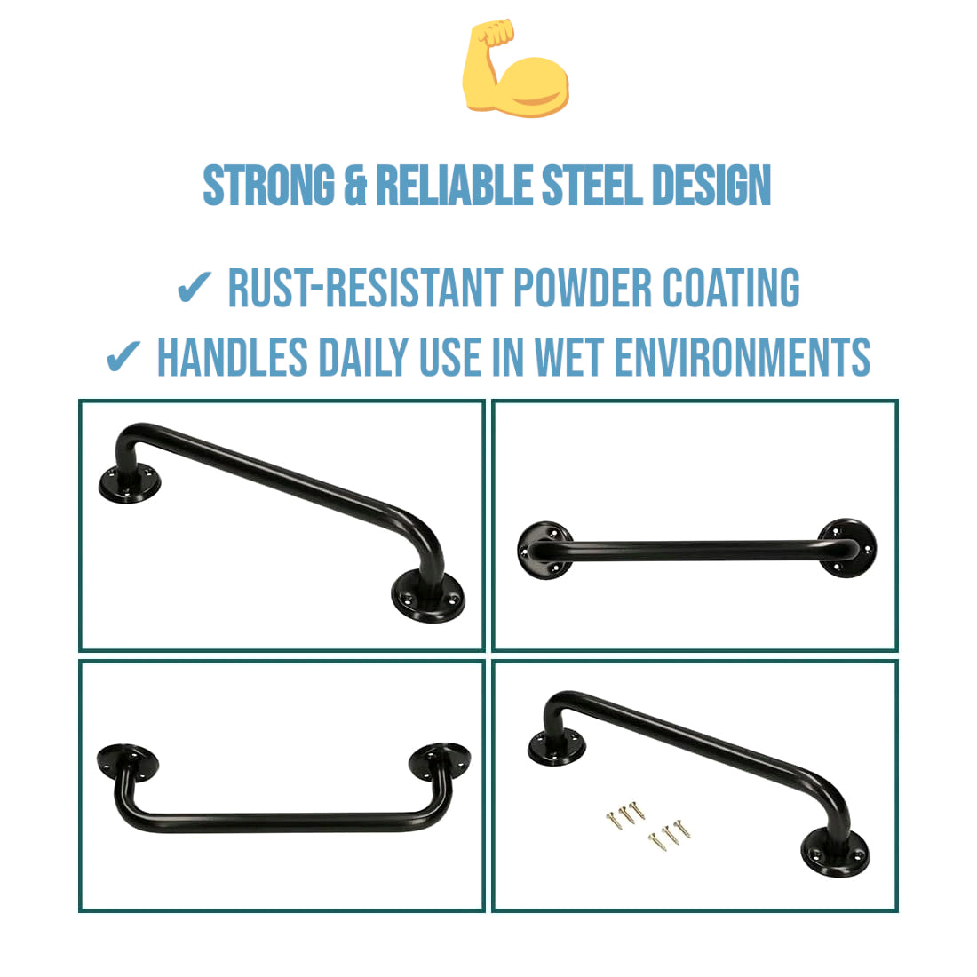 Bathroom Grab Bar for Elderly, Disabled, Seniors - 300 mm Black Safety Handrail with Fixings - Powder Coated Steel Support Handle
