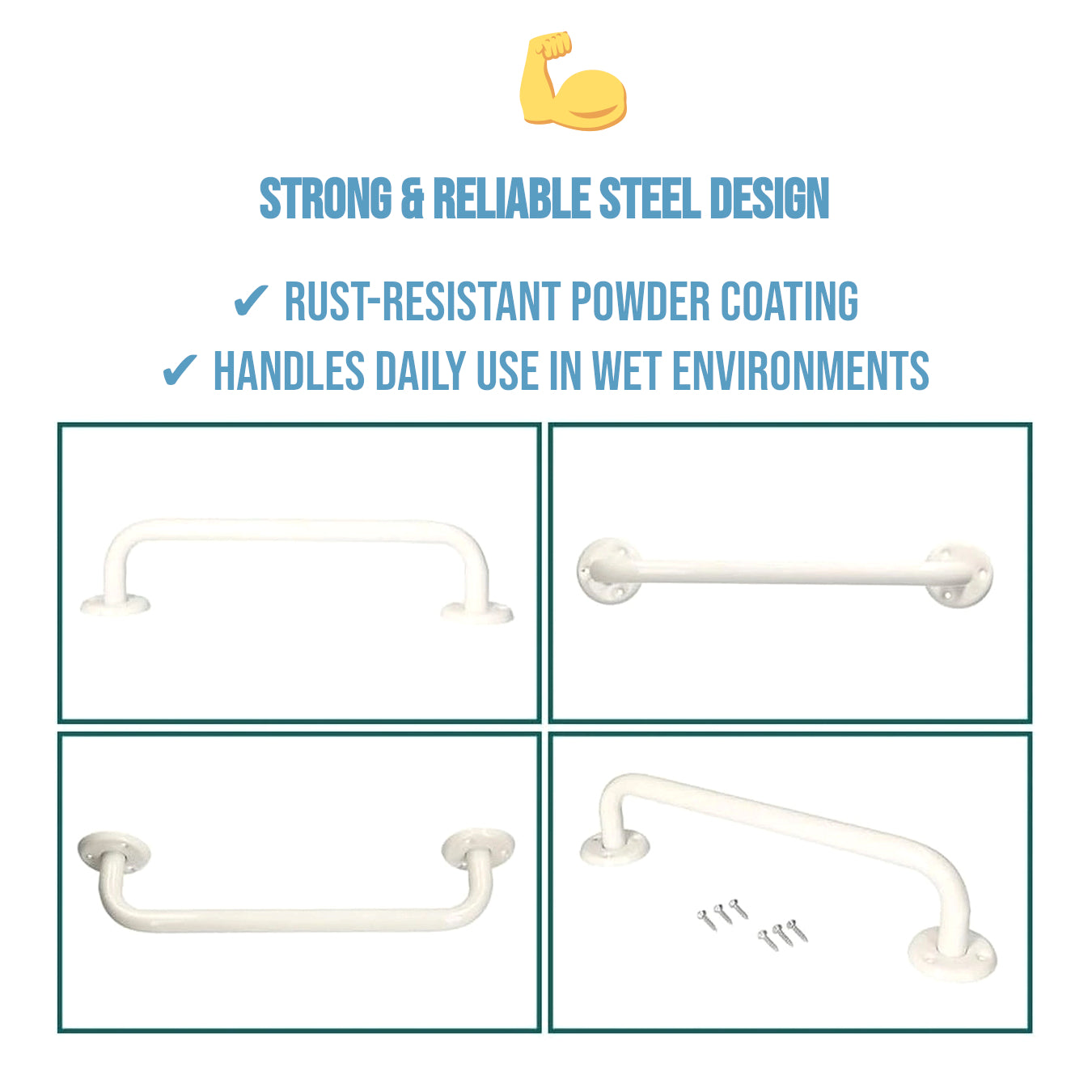 Bathroom Grab Bar for Elderly, Disabled, Seniors - 400 mm White Safety Handrail with Fixings - Powder Coated Steel Support Handle