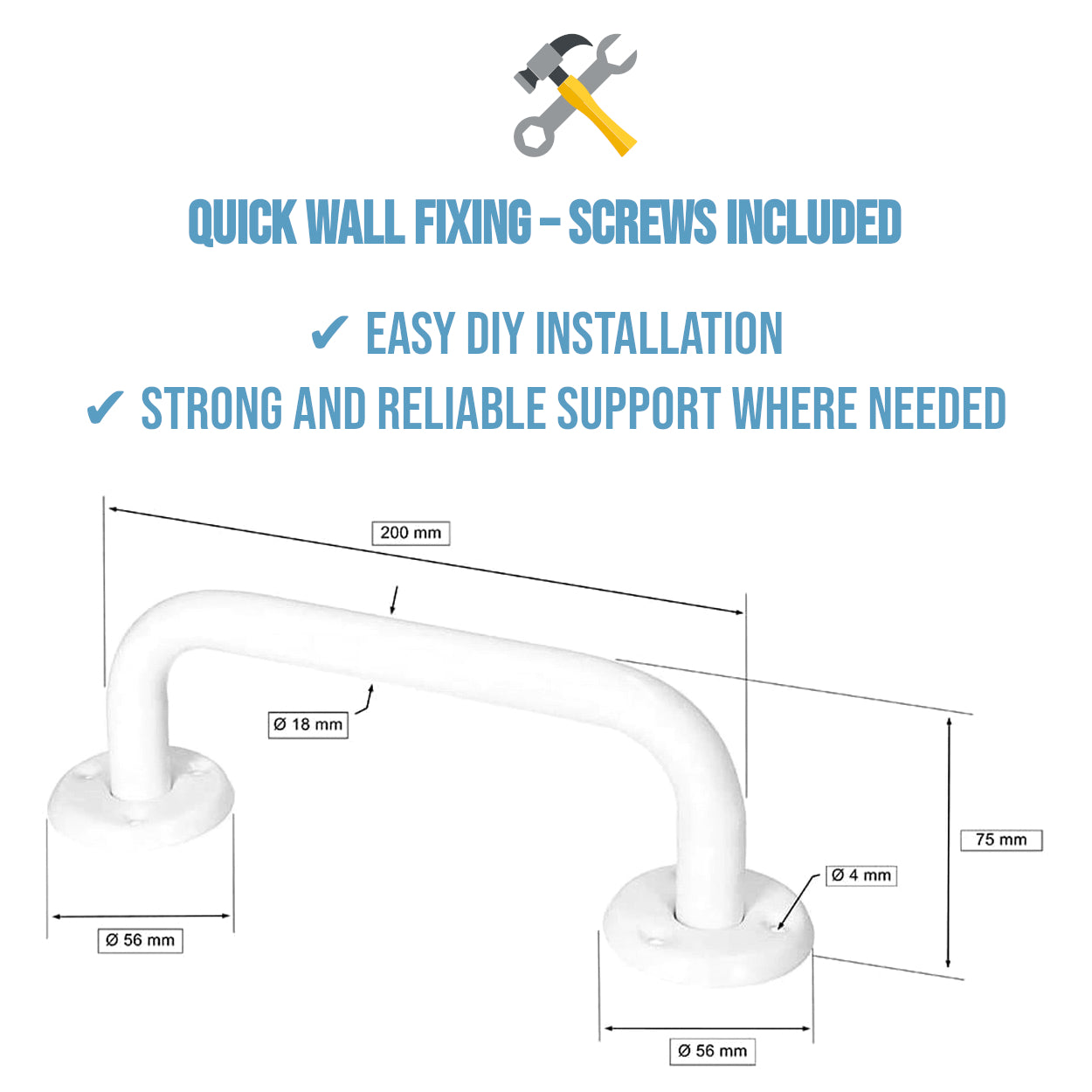 2 x Bathroom Grab Bar for Elderly, Disabled, Seniors - 200 mm White Safety Handrail & Fixings - Powder Coated Steel Support Handle