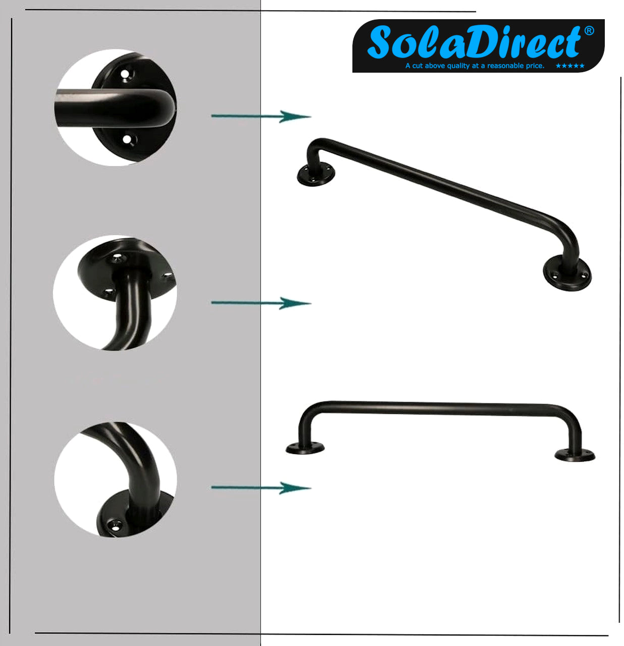 2 x Bathroom Grab Bar for Elderly, Disabled, Seniors - 400 mm Black Safety Handrail & Fixings - Powder Coated Steel Support Handle