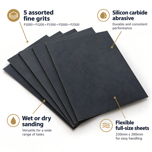 Wet and Dry Sandpaper 5 Sheets 230mm x 280mm P1000 P1200 P1500 P2000 P2500 Waterproof Silicon Carbide for Car Paint & Plastics