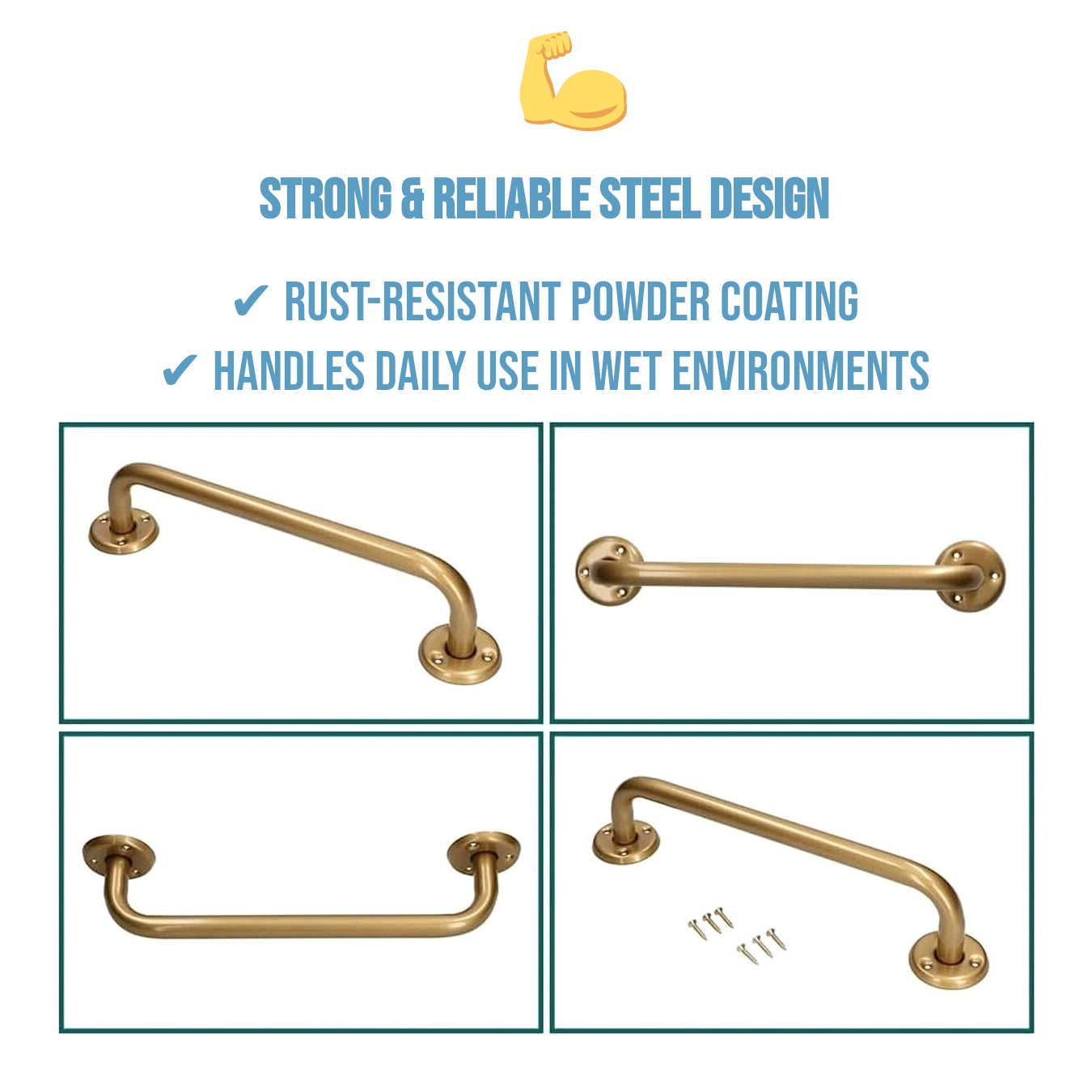 2 x Bathroom Grab Bar for Elderly, Disabled, Seniors - 300 mm Gold Safety Handrail & Fixings - Powder Coated Steel Support Handle