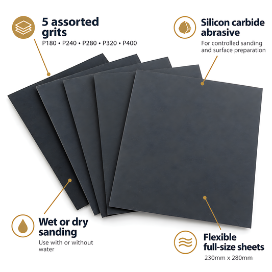 Wet and Dry Sandpaper 5 Sheets 230mm x 280mm P180 P240 P280 P320 P400 Waterproof Silicon Carbide for Car Bodywork