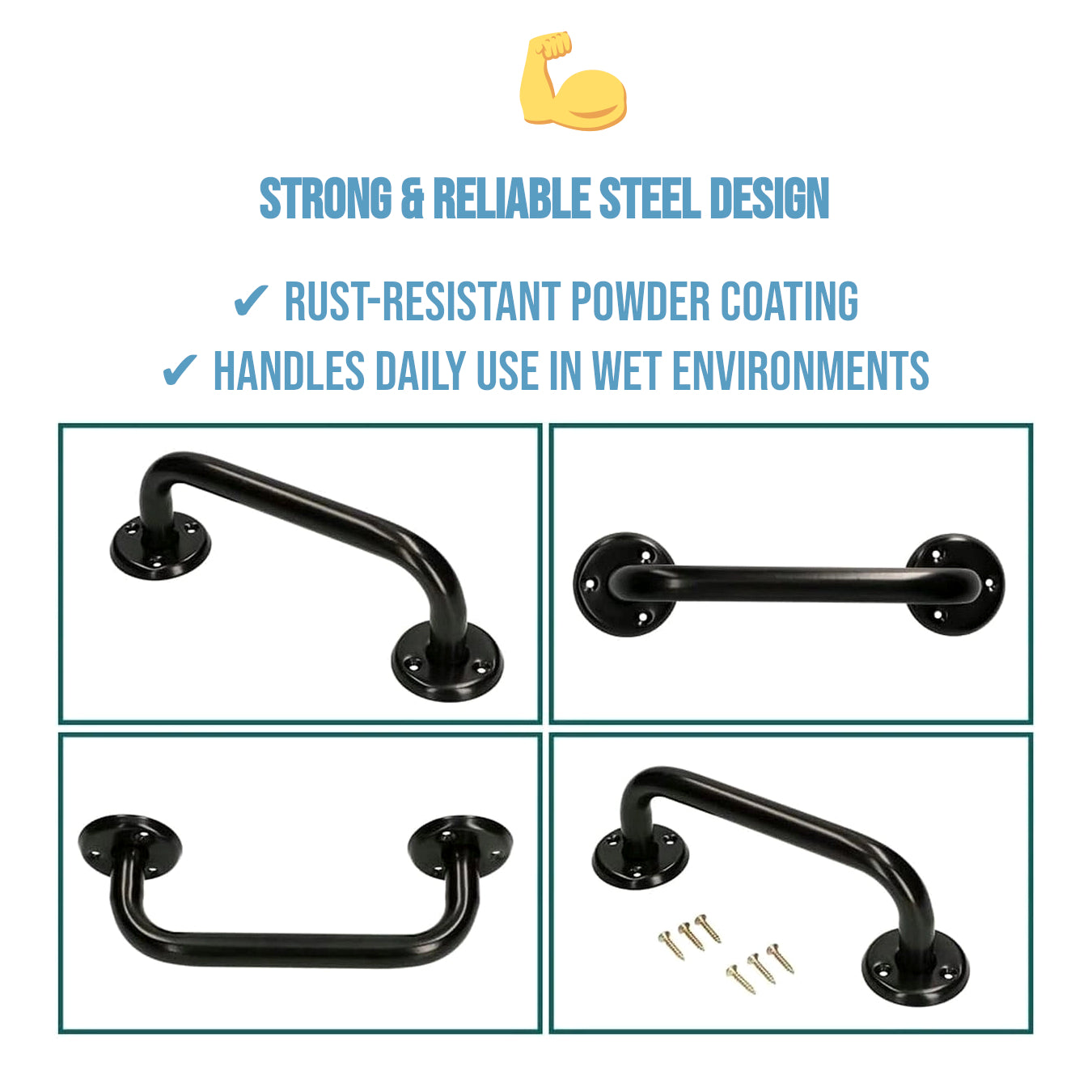 Bathroom Grab Bar for Elderly, Disabled, Seniors - 200 mm Black Safety Handrail with Fixings - Powder Coated Steel Support Handle