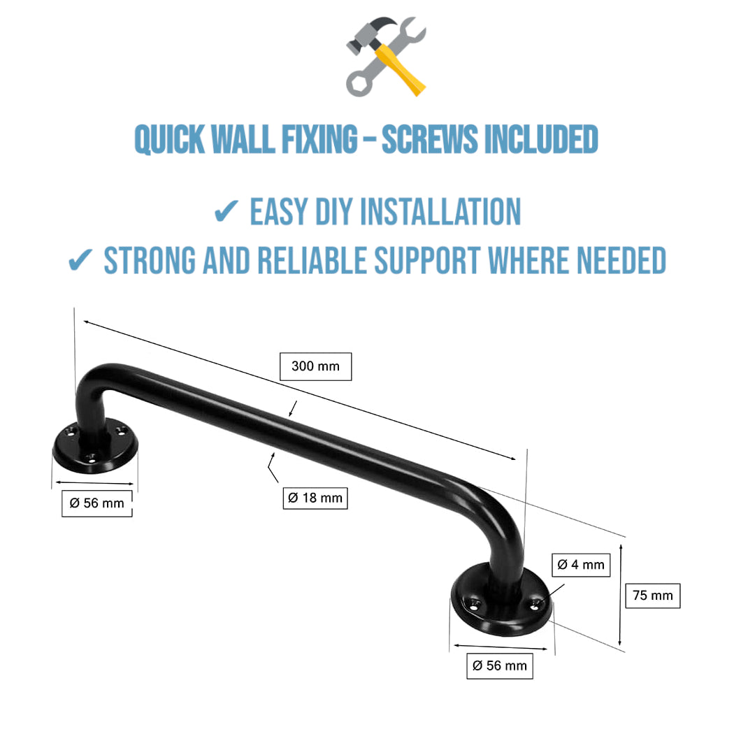 Bathroom Grab Bar for Elderly, Disabled, Seniors - 300 mm Black Safety Handrail with Fixings - Powder Coated Steel Support Handle