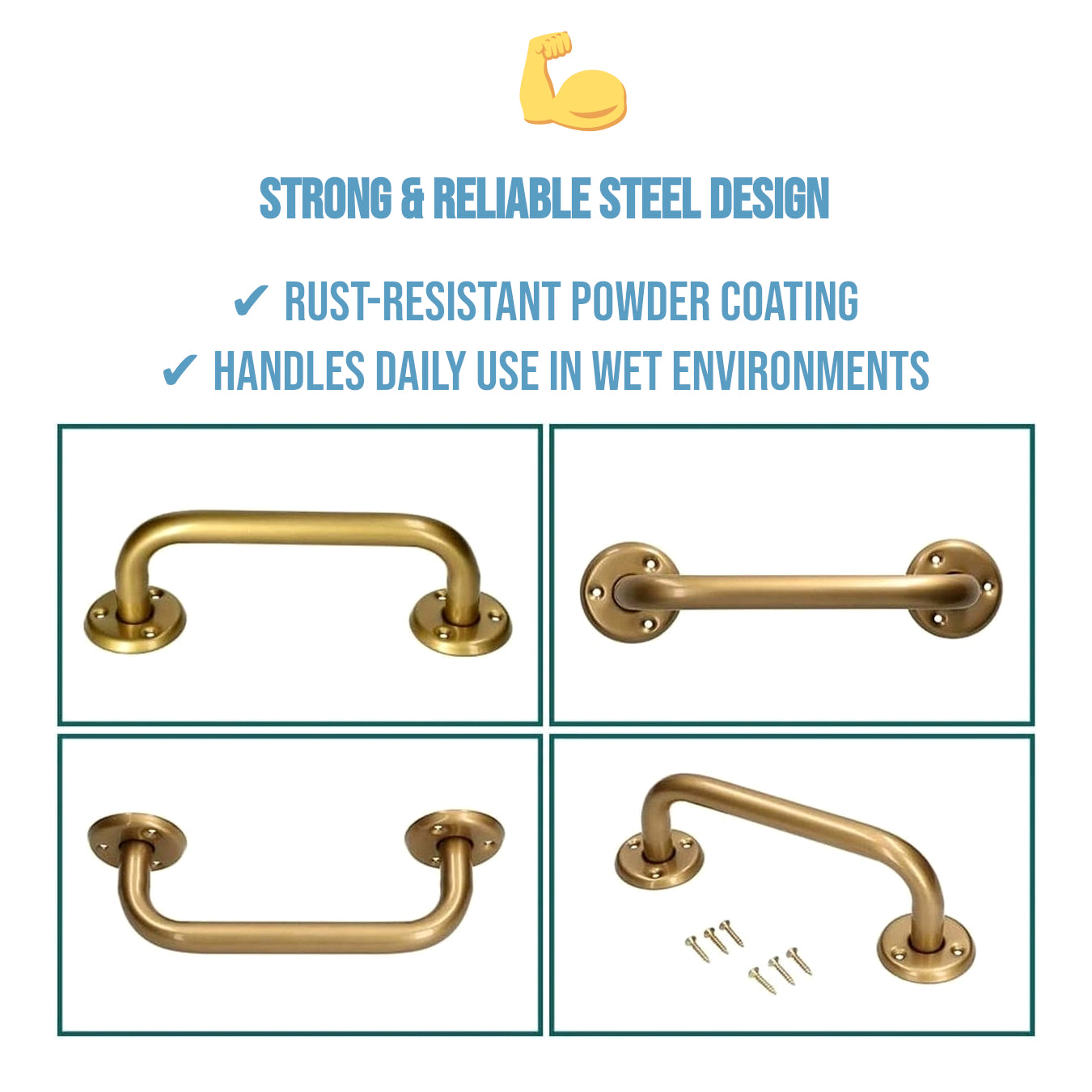 2 x Bathroom Grab Bar for Elderly, Disabled, Seniors - 200 mm Gold Safety Handrail & Fixings - Powder Coated Steel Support Handle