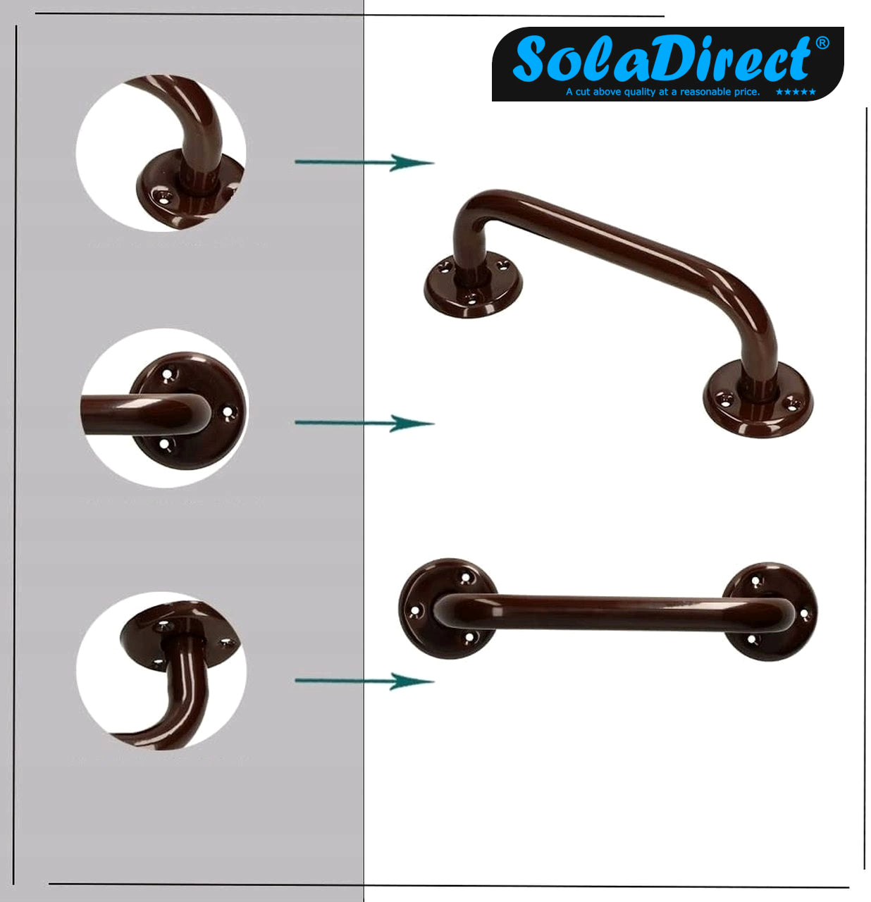 2 x Bathroom Grab Bar for Elderly, Disabled, Seniors - 200 mm Brown Safety Handrail & Fixings - Powder Coated Steel Support Handle