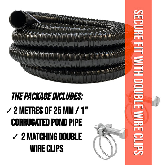Corrugated Pond Pipe 25 mm 1" - 2 m Flexible Reinforced Hose & 2 Clips - UV Resistant Ribbed Pipe for Fish Ponds, Pumps, Filters