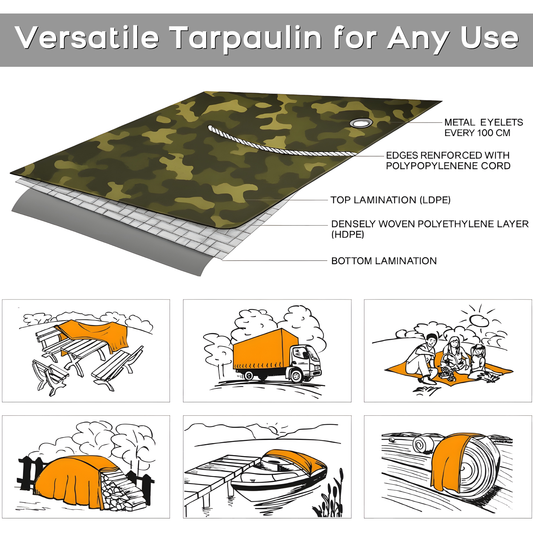 5 x 8 m Tarpaulin Cover - Camo 85GSM - Waterproof, Frost-Resistant, UV Protection, Multipurpose, Groundsheet