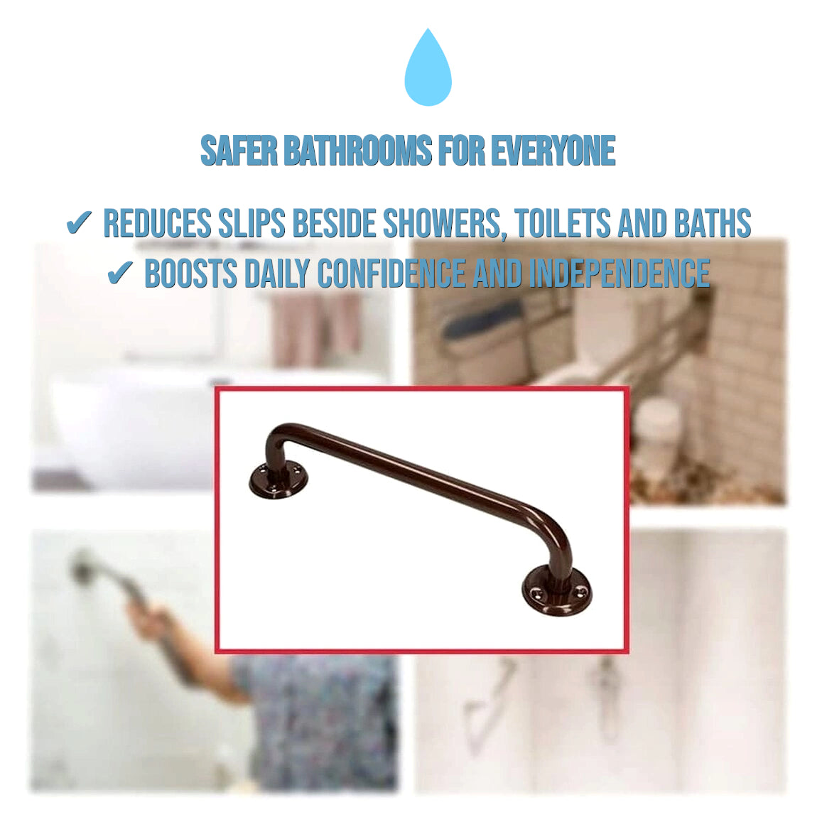 Bathroom Grab Bar for Elderly, Disabled, Seniors - 300 mm Brown Safety Handrail with Fixings - Powder Coated Steel Support Handle