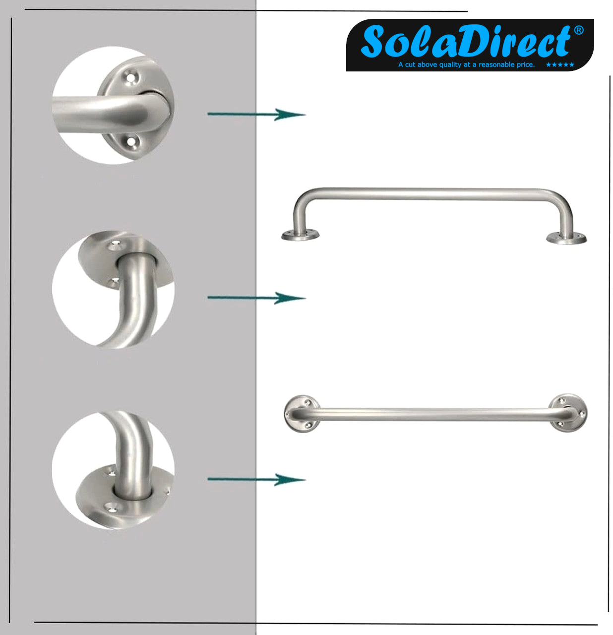 Bathroom Grab Bar for Elderly, Disabled, Seniors - 300 mm Silver Safety Handrail with Fixings - Powder Coated Steel Support Handle