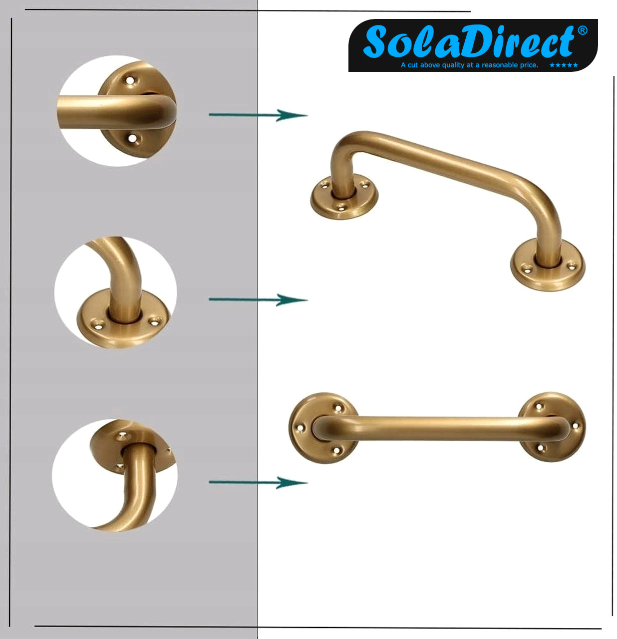 2 x Bathroom Grab Bar for Elderly, Disabled, Seniors - 200 mm Gold Safety Handrail & Fixings - Powder Coated Steel Support Handle