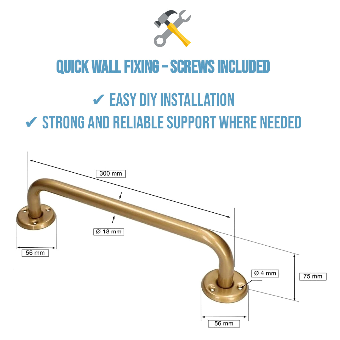 Bathroom Grab Bar for Elderly, Disabled, Seniors - 300 mm Gold Safety Handrail with Fixings - Powder Coated Steel Support Handle