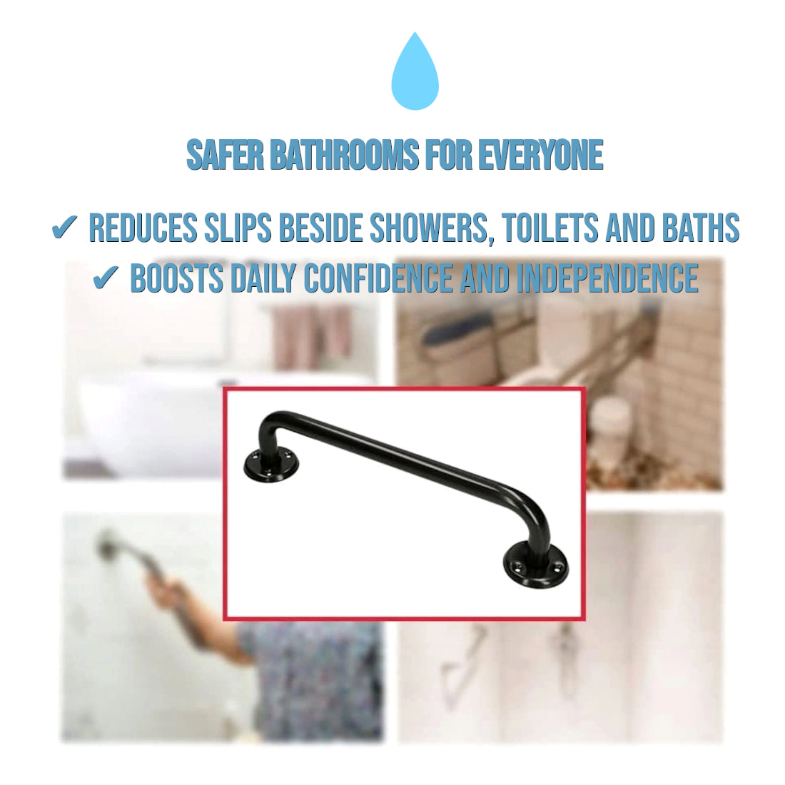 Bathroom Grab Bar for Elderly, Disabled, Seniors - 300 mm Black Safety Handrail with Fixings - Powder Coated Steel Support Handle