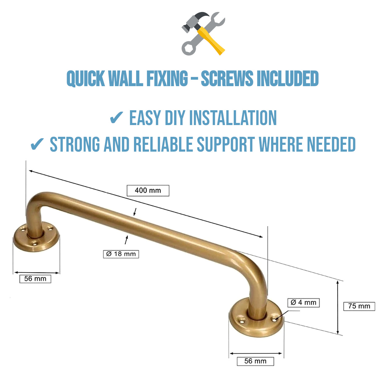 Bathroom Grab Bar for Elderly, Disabled, Seniors - 400 mm Gold Safety Handrail with Fixings - Powder Coated Steel Support Handle