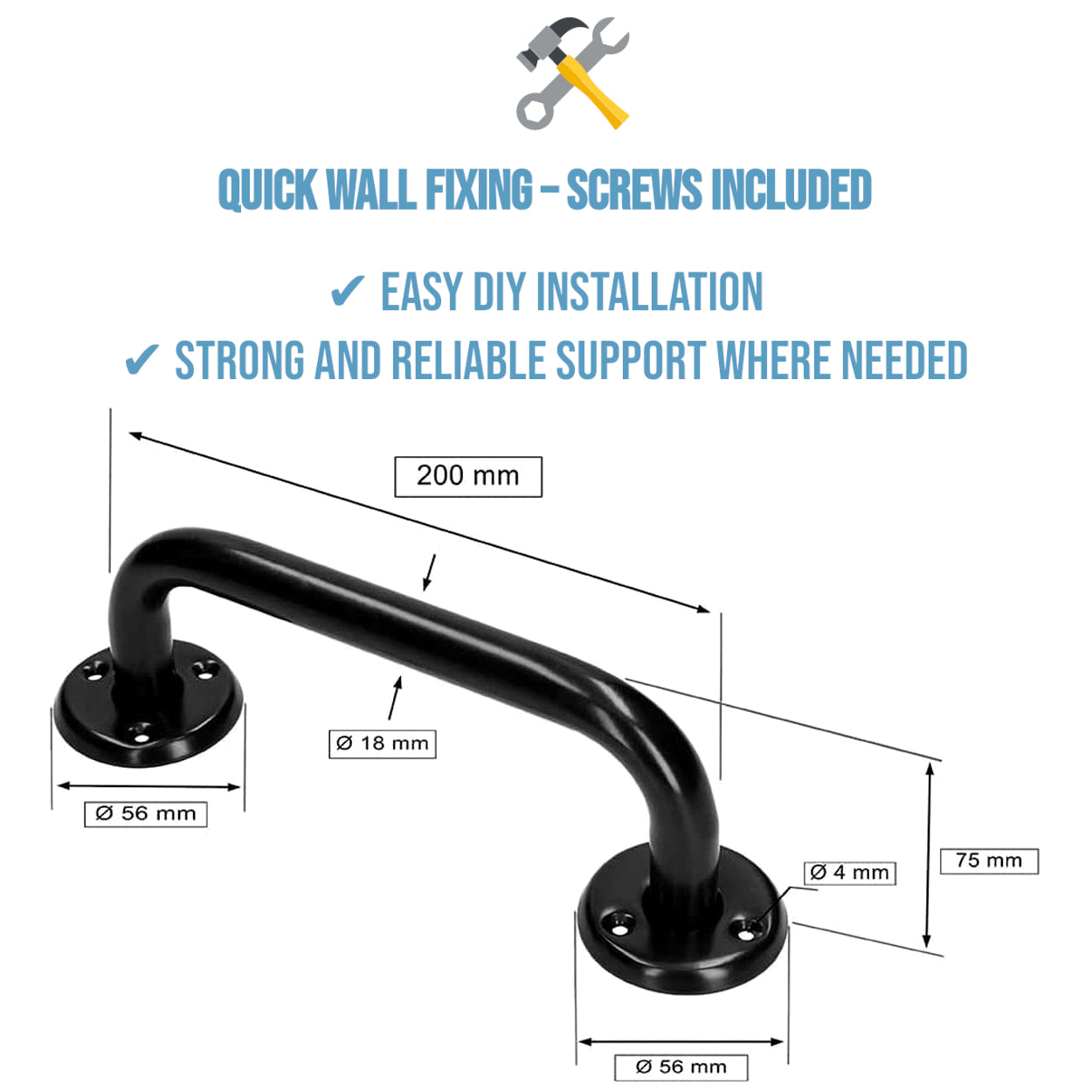 Bathroom Grab Bar for Elderly, Disabled, Seniors - 200 mm Black Safety Handrail with Fixings - Powder Coated Steel Support Handle