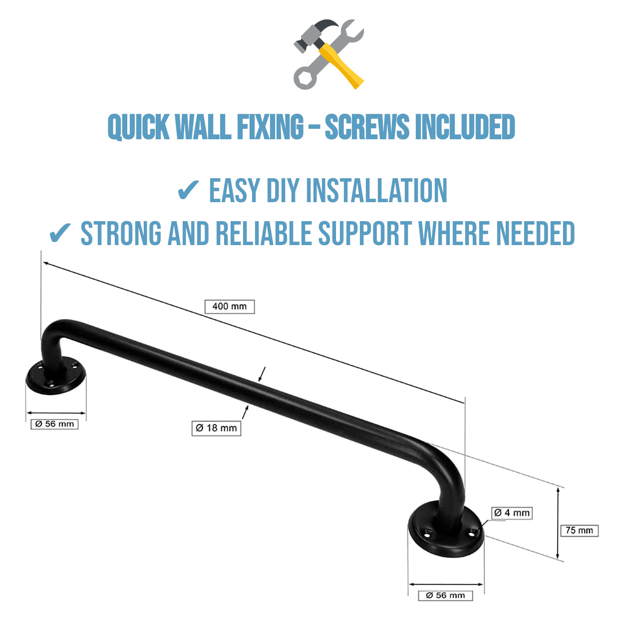 2 x Bathroom Grab Bar for Elderly, Disabled, Seniors - 400 mm Black Safety Handrail & Fixings - Powder Coated Steel Support Handle