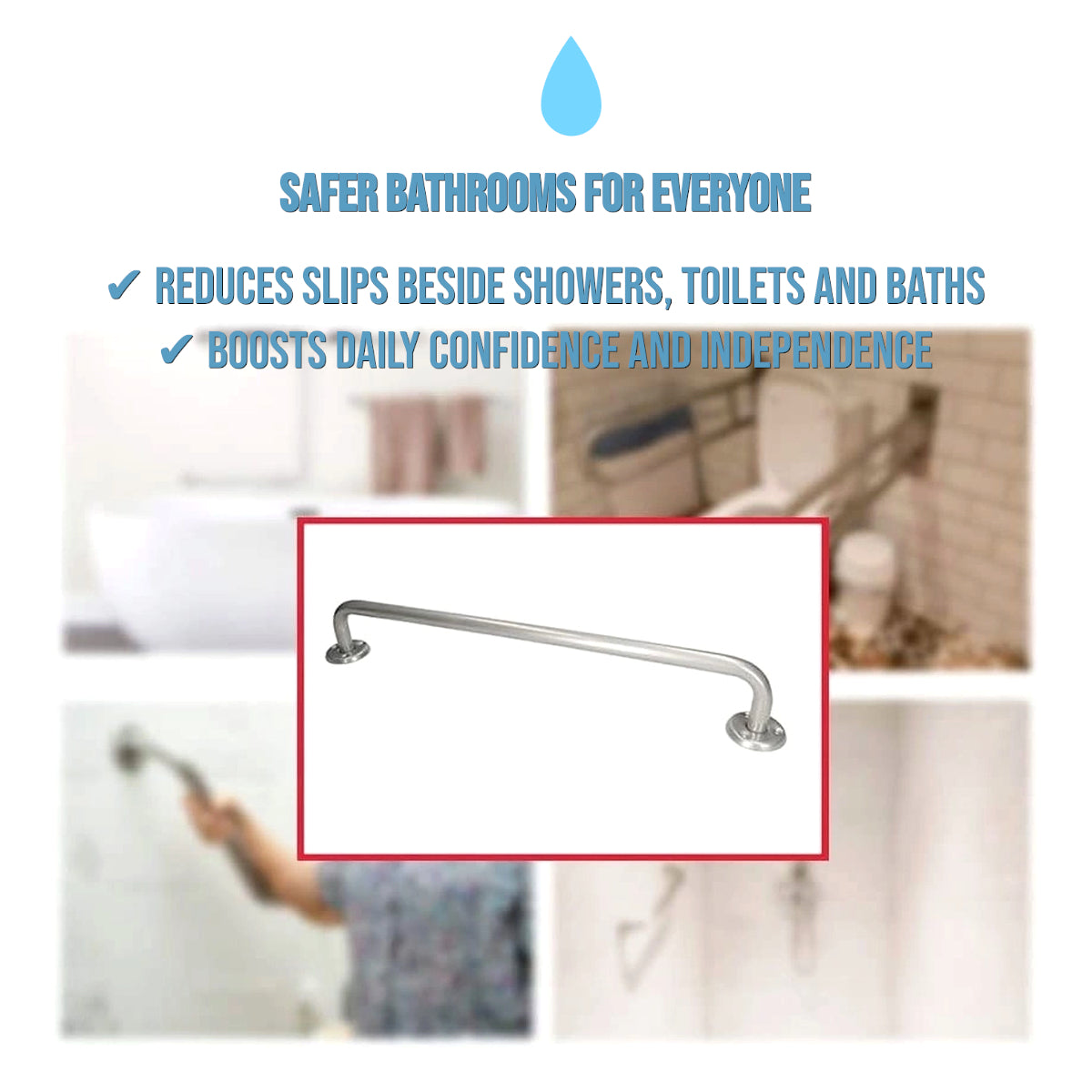 2 x Bathroom Grab Bar for Elderly, Disabled, Seniors - 300mm Silver Safety Handrail & Fixings - Powder Coated Steel Support Handle