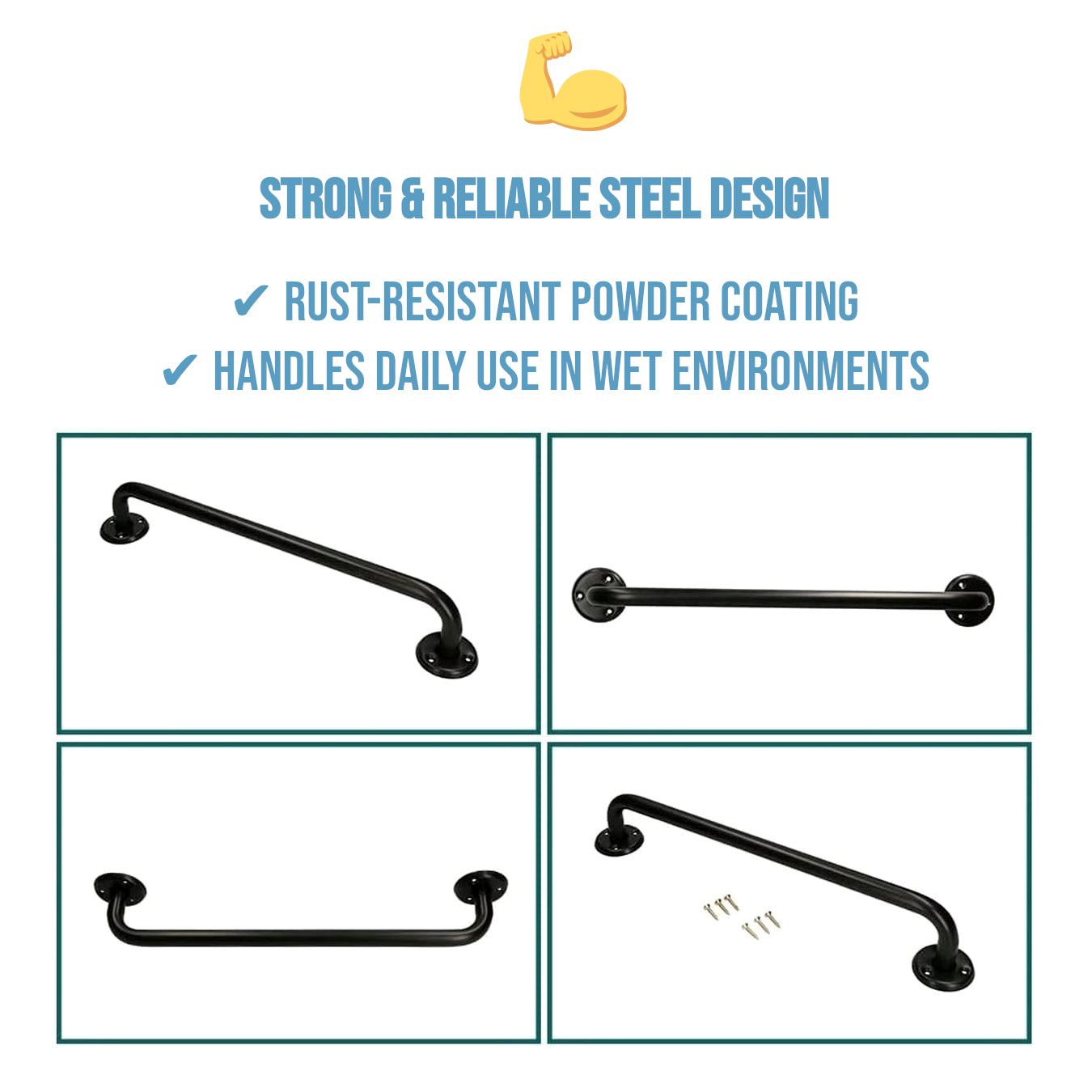 2 x Bathroom Grab Bar for Elderly, Disabled, Seniors - 400 mm Black Safety Handrail & Fixings - Powder Coated Steel Support Handle