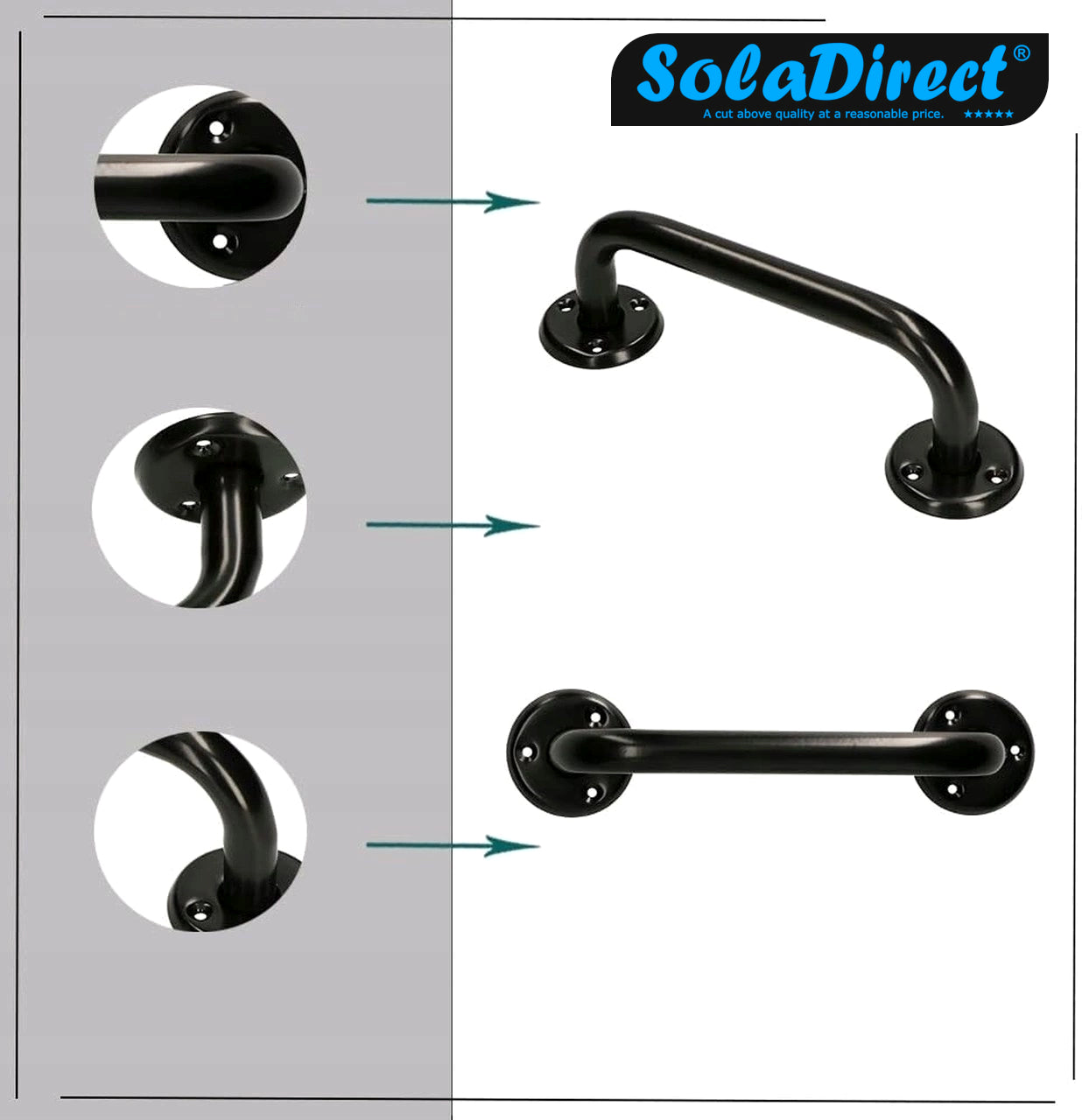 Bathroom Grab Bar for Elderly, Disabled, Seniors - 200 mm Black Safety Handrail with Fixings - Powder Coated Steel Support Handle