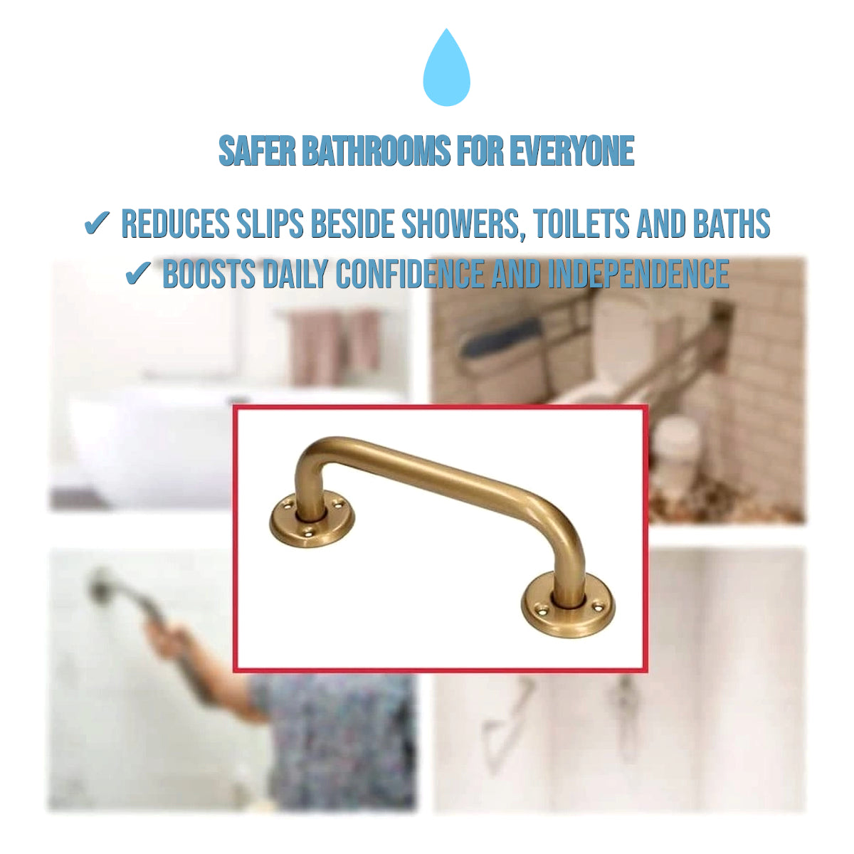 2 x Bathroom Grab Bar for Elderly, Disabled, Seniors - 200 mm Gold Safety Handrail & Fixings - Powder Coated Steel Support Handle