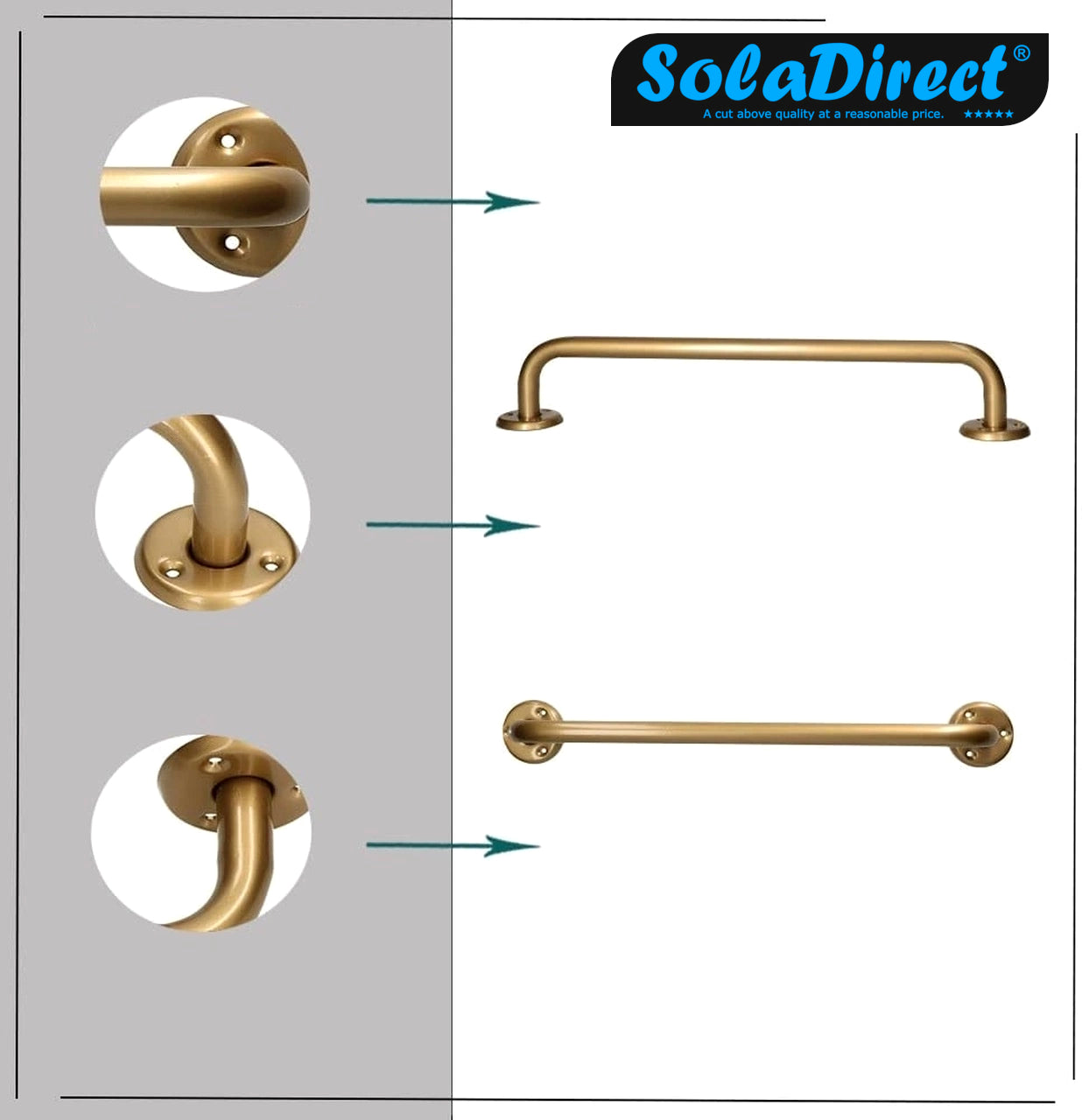 2 x Bathroom Grab Bar for Elderly, Disabled, Seniors - 300 mm Gold Safety Handrail & Fixings - Powder Coated Steel Support Handle