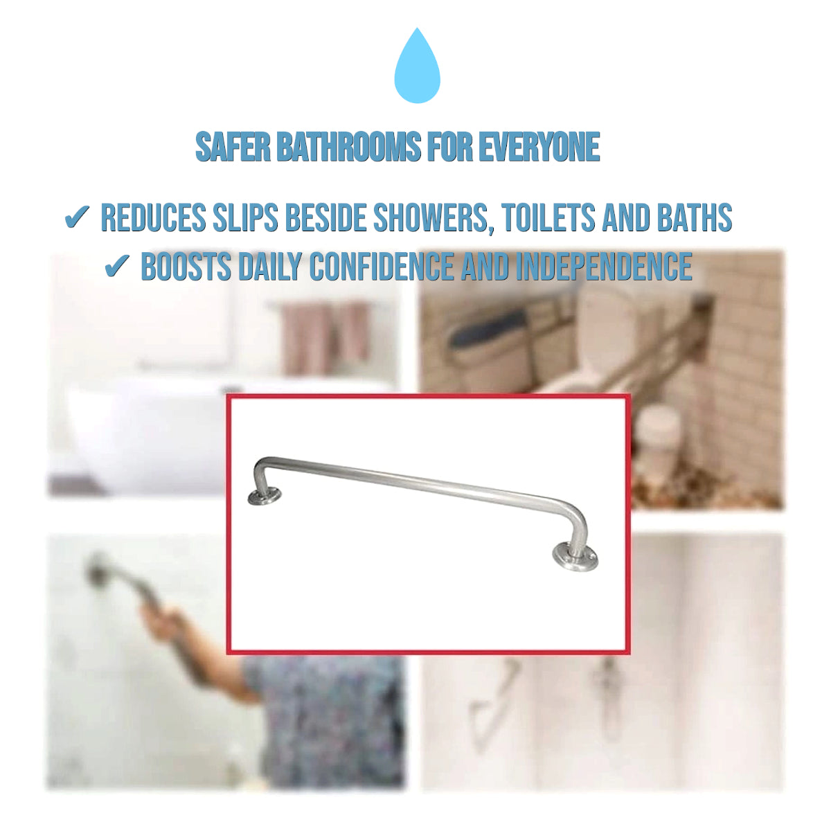 2 x Bathroom Grab Bar for Elderly, Disabled, Seniors - 200mm Silver Safety Handrail & Fixings - Powder Coated Steel Support Handle
