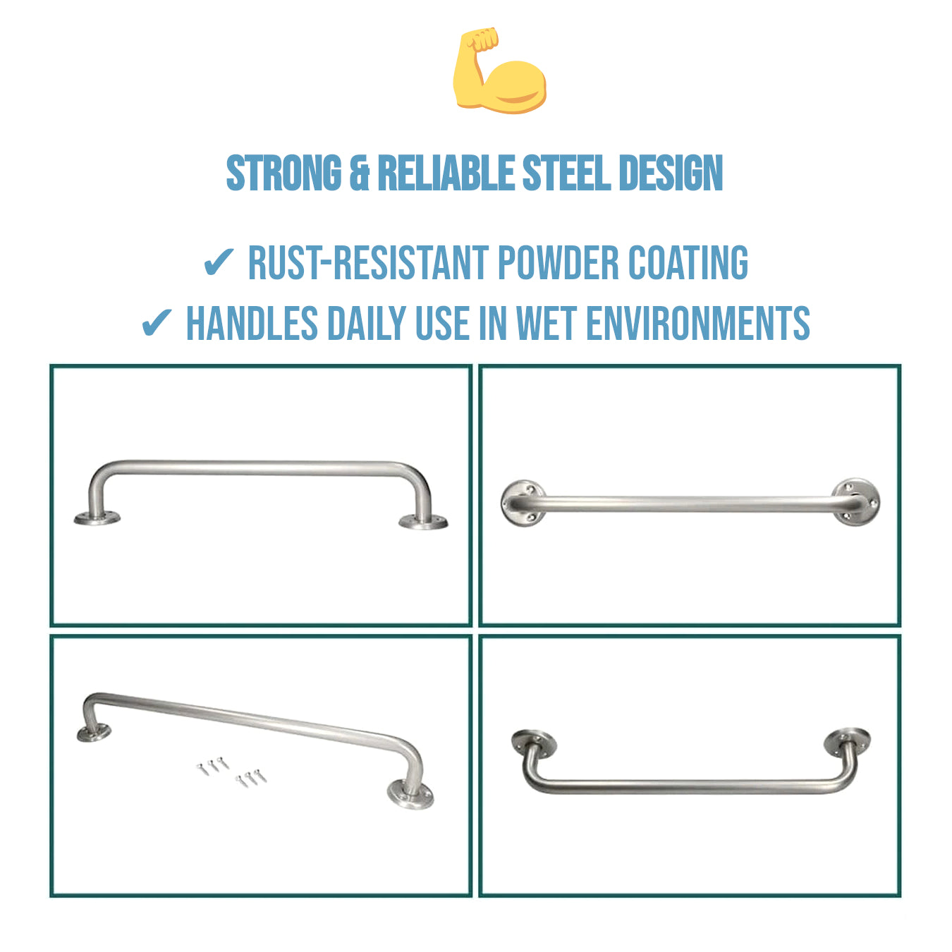 2 x Bathroom Grab Bar for Elderly, Disabled, Seniors - 300mm Silver Safety Handrail & Fixings - Powder Coated Steel Support Handle