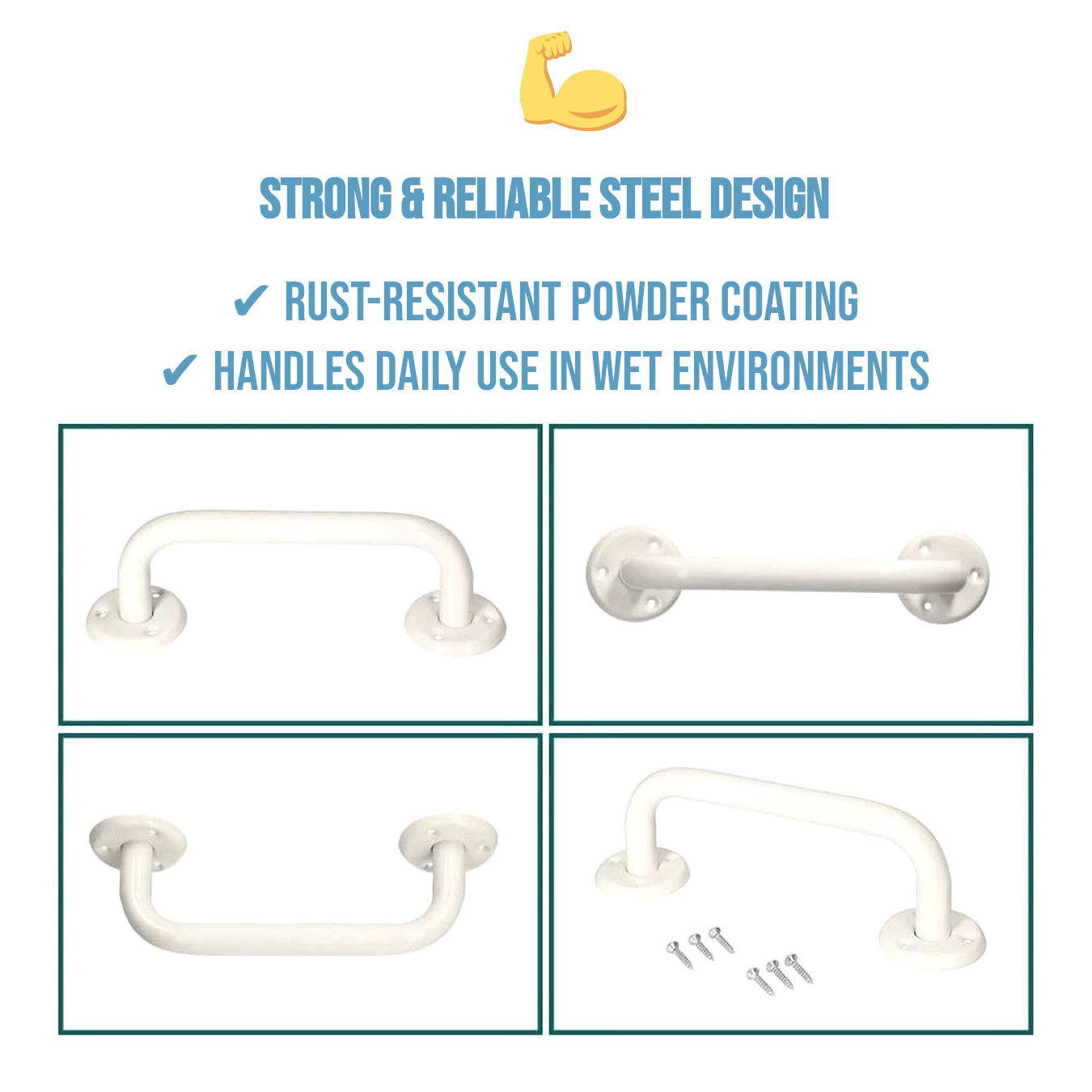 Bathroom Grab Bar for Elderly, Disabled, Seniors - 200 mm White Safety Handrail with Fixings - Powder Coated Steel Support Handle