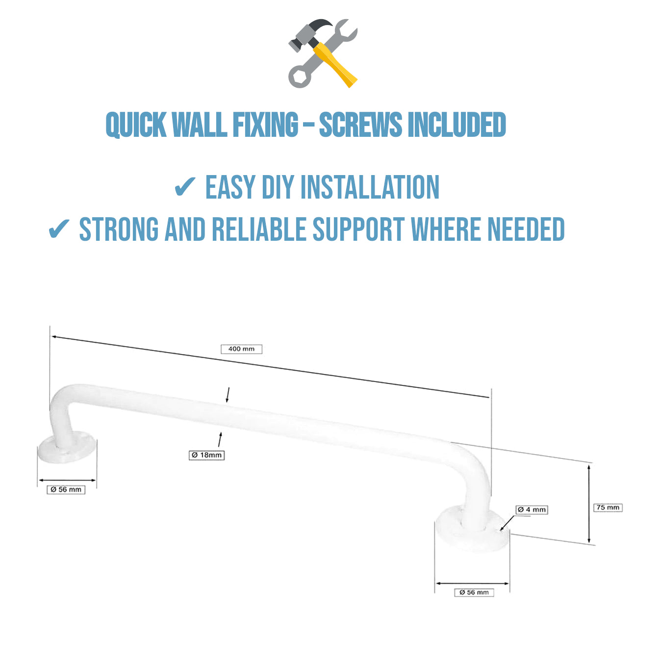Bathroom Grab Bar for Elderly, Disabled, Seniors - 400 mm White Safety Handrail with Fixings - Powder Coated Steel Support Handle