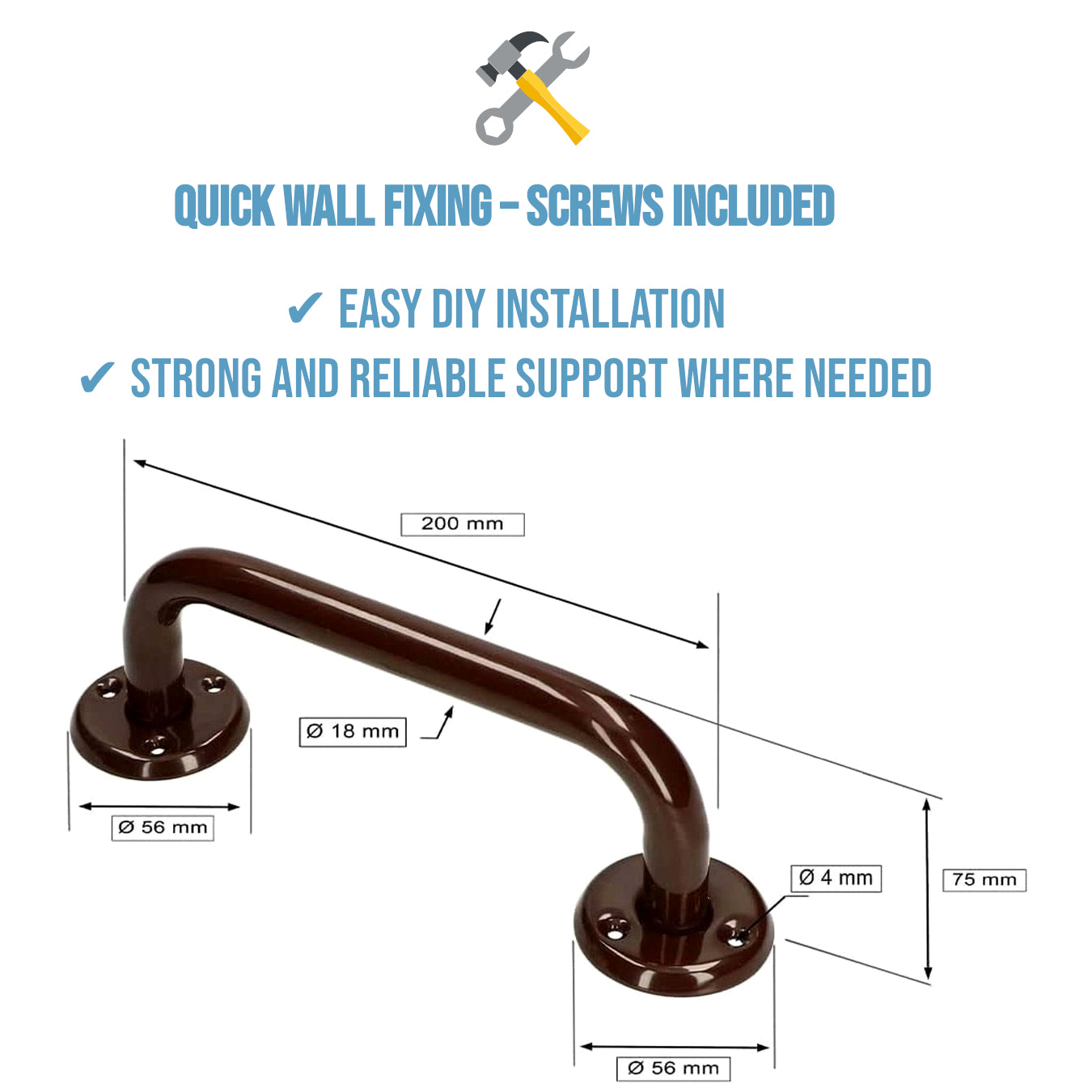 2 x Bathroom Grab Bar for Elderly, Disabled, Seniors - 200 mm Brown Safety Handrail & Fixings - Powder Coated Steel Support Handle