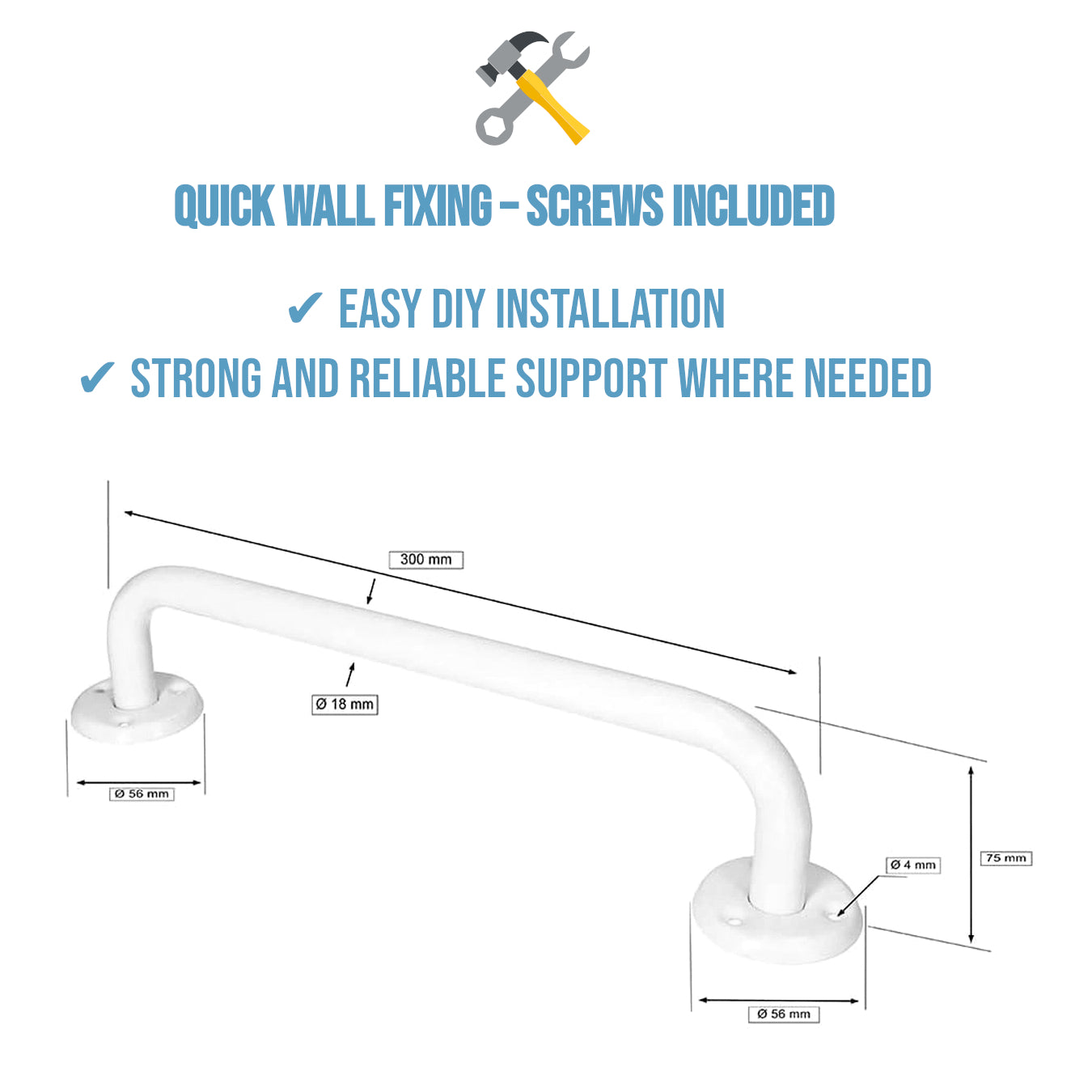 Bathroom Grab Bar for Elderly, Disabled, Seniors - 300 mm White Safety Handrail with Fixings - Powder Coated Steel Support Handle