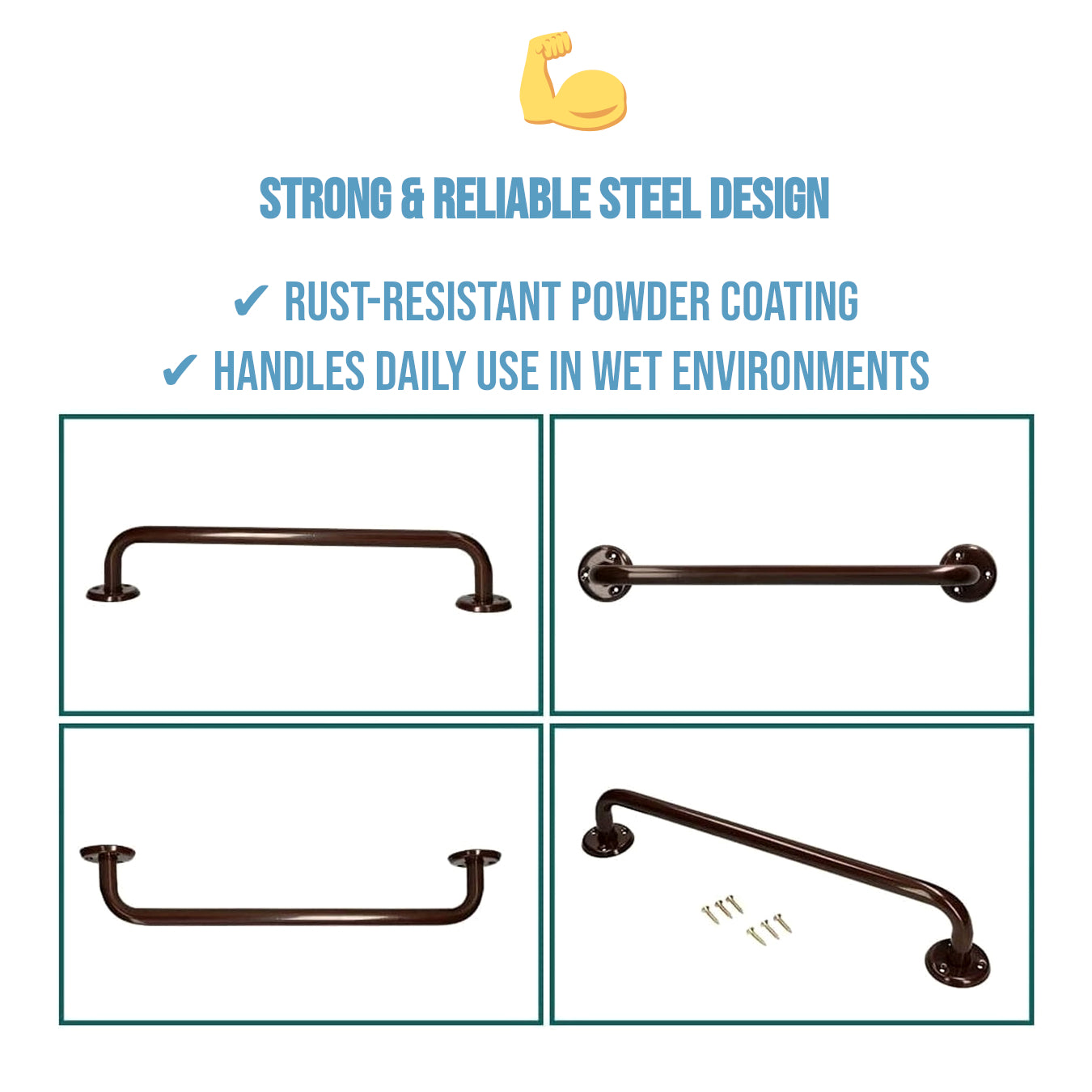 Bathroom Grab Bar for Elderly, Disabled, Seniors - 400 mm Brown Safety Handrail with Fixings - Powder Coated Steel Support Handle