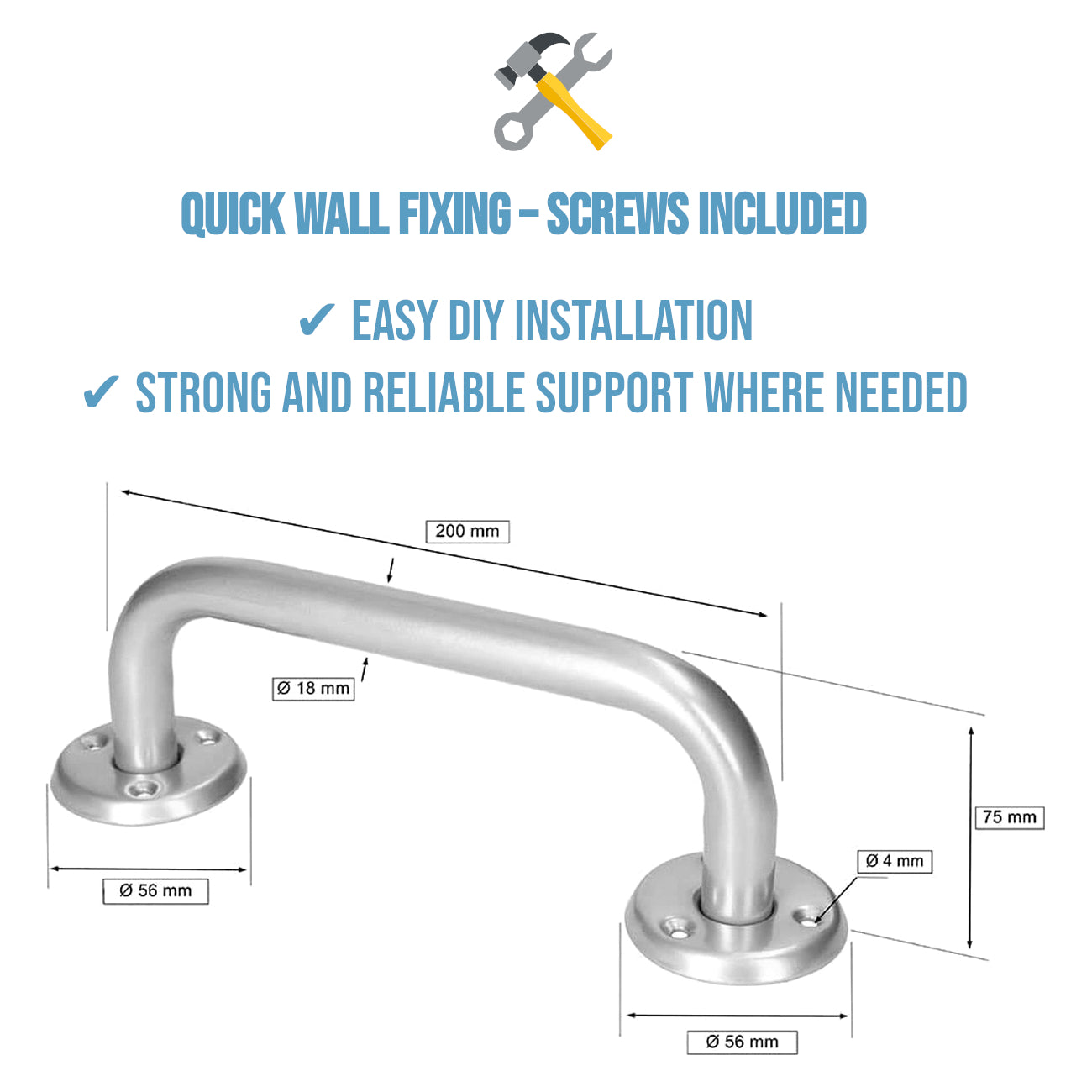 2 x Bathroom Grab Bar for Elderly, Disabled, Seniors - 200mm Silver Safety Handrail & Fixings - Powder Coated Steel Support Handle