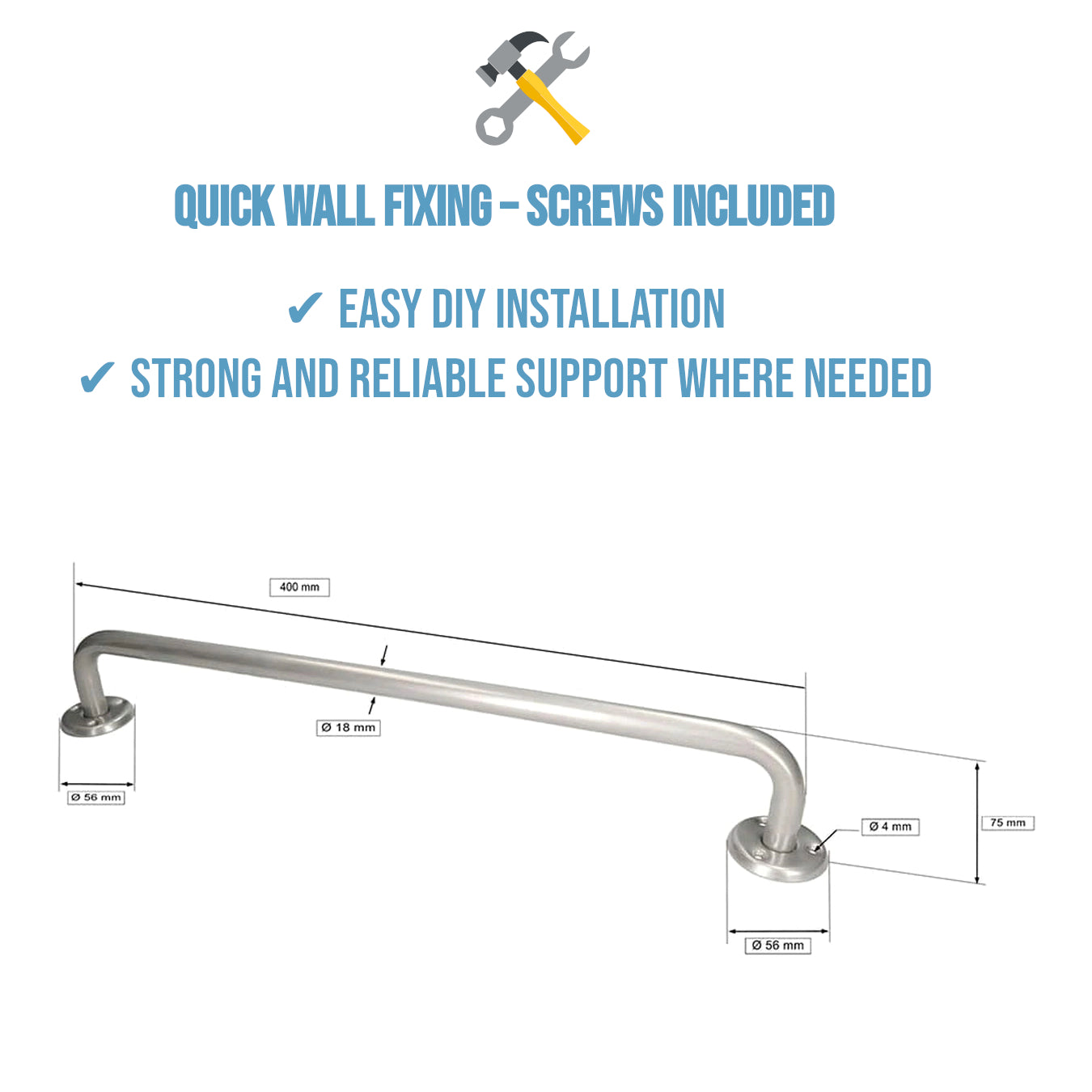2 x Bathroom Grab Bar for Elderly, Disabled, Seniors - 400mm Silver Safety Handrail & Fixings - Powder Coated Steel Support Handle