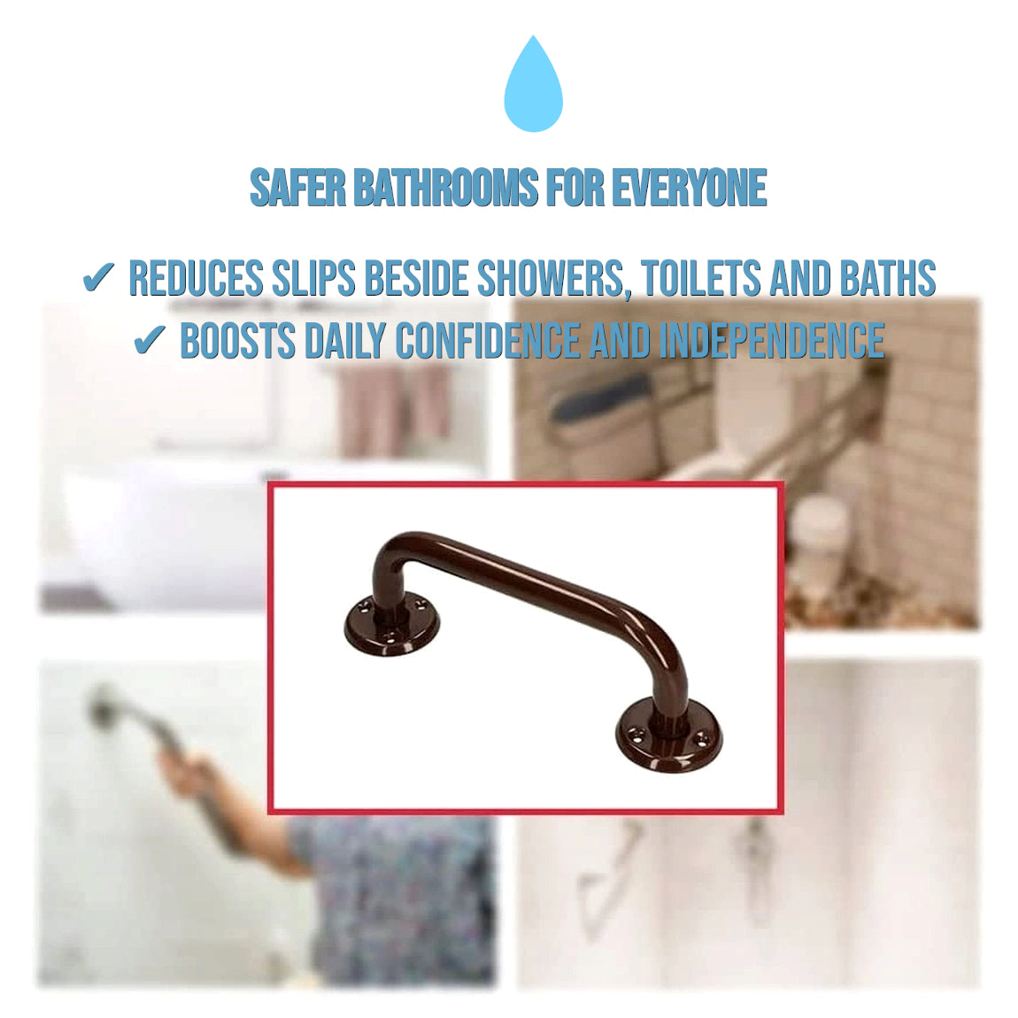 2 x Bathroom Grab Bar for Elderly, Disabled, Seniors - 200 mm Brown Safety Handrail & Fixings - Powder Coated Steel Support Handle