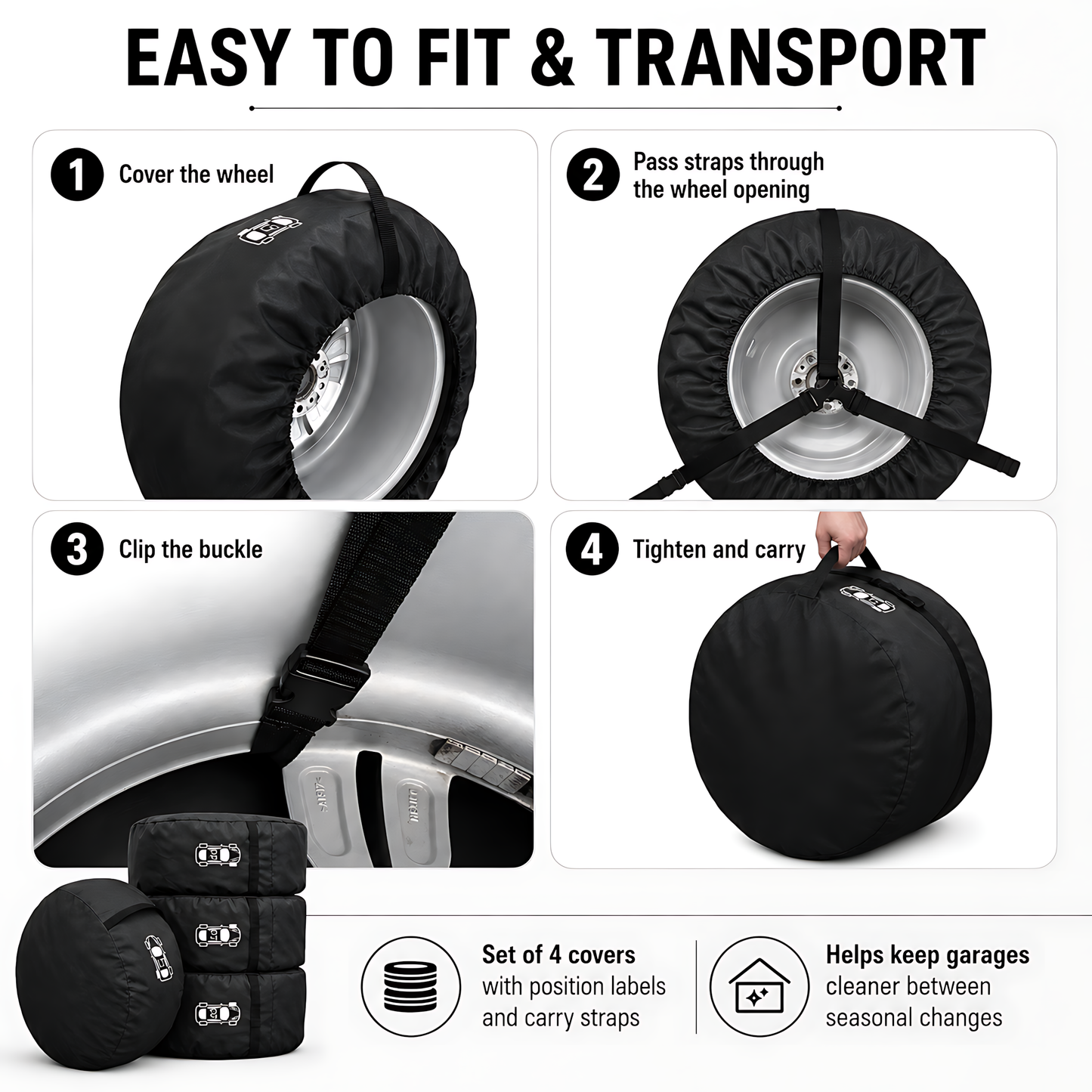 Wheel and Tyre Storage Bags 13-16 Inch - Set of 4 PP Covers with Labels and Carry Straps - Max 65cm - for Alloy and Steel Rims
