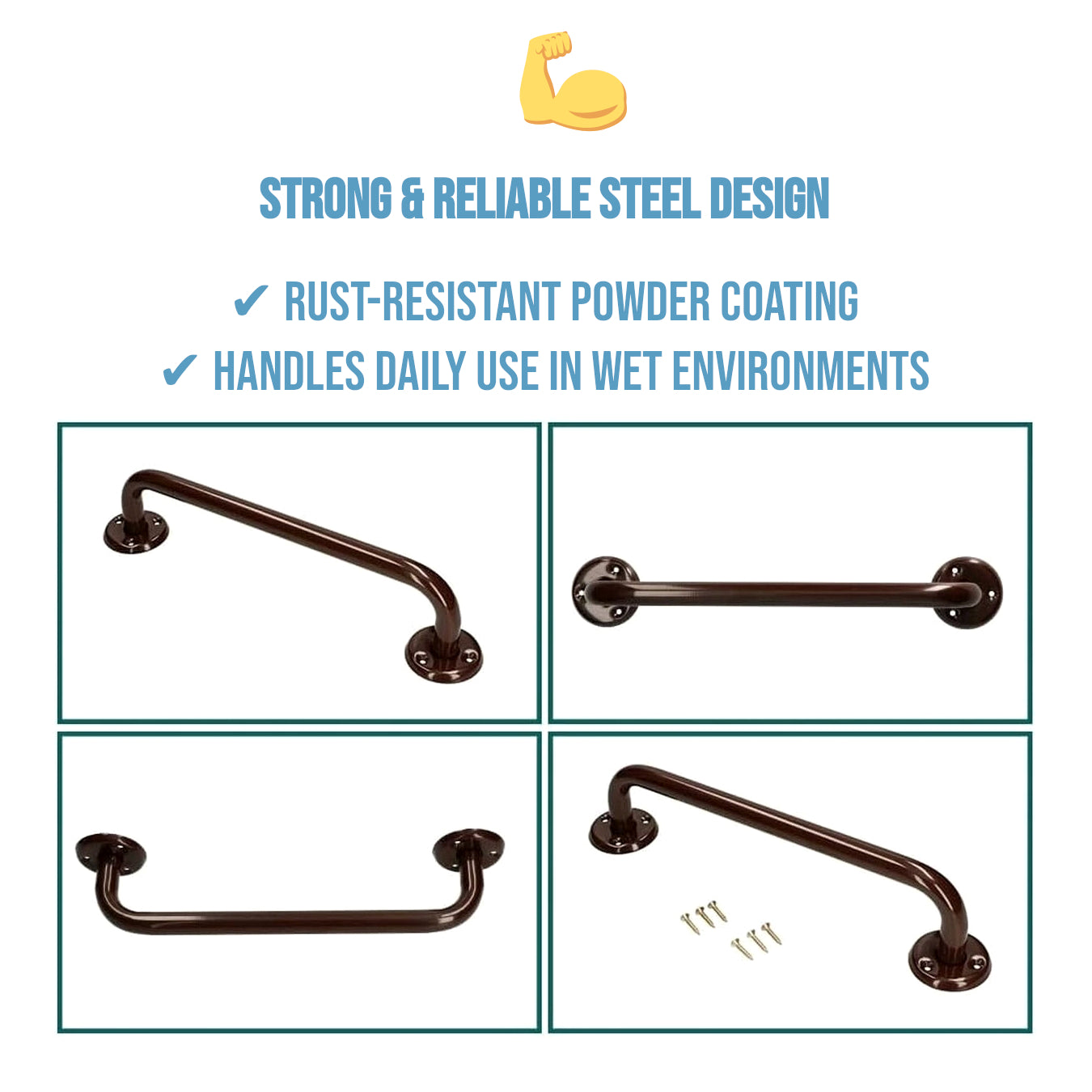 Bathroom Grab Bar for Elderly, Disabled, Seniors - 300 mm Brown Safety Handrail with Fixings - Powder Coated Steel Support Handle