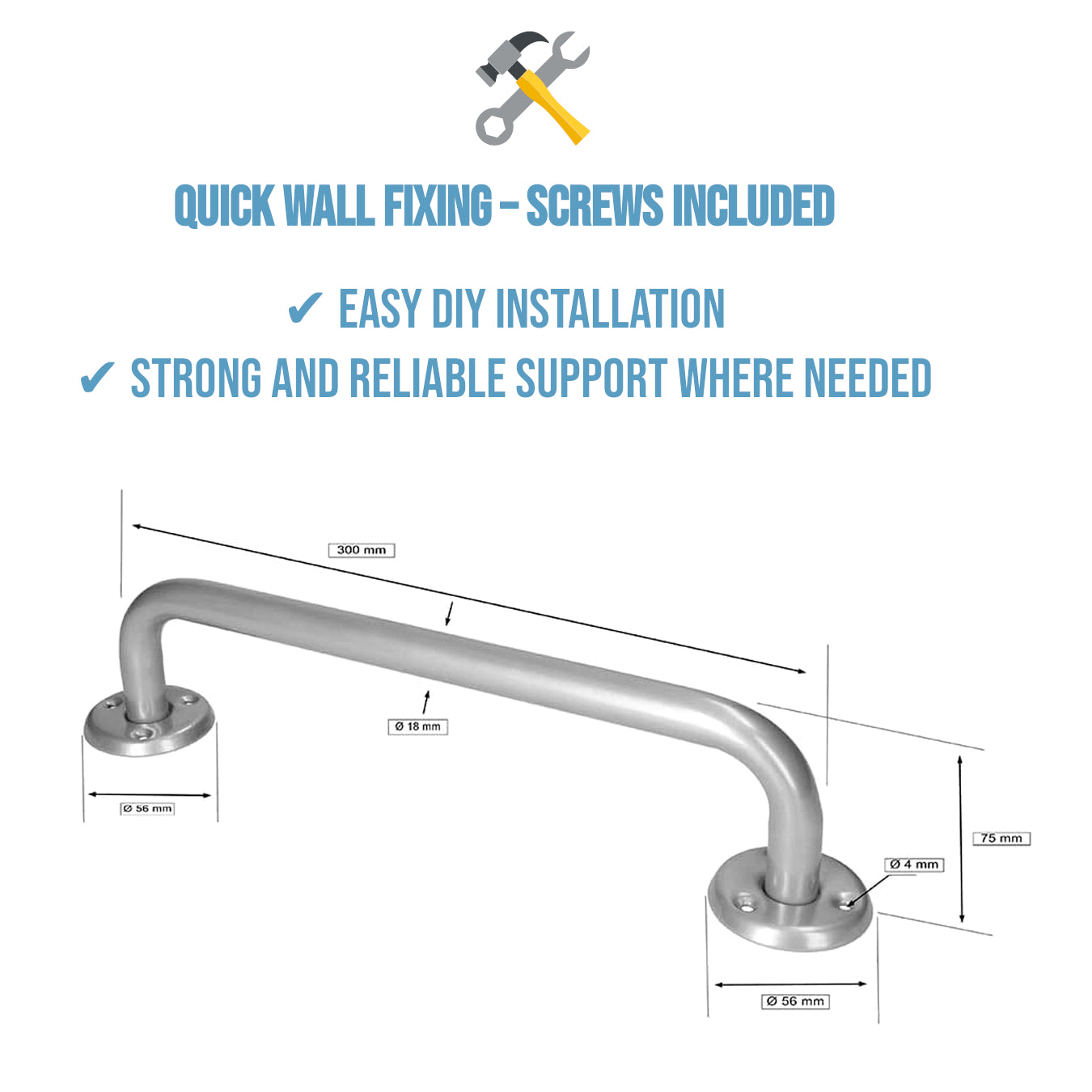 Bathroom Grab Bar for Elderly, Disabled, Seniors - 300 mm Silver Safety Handrail with Fixings - Powder Coated Steel Support Handle