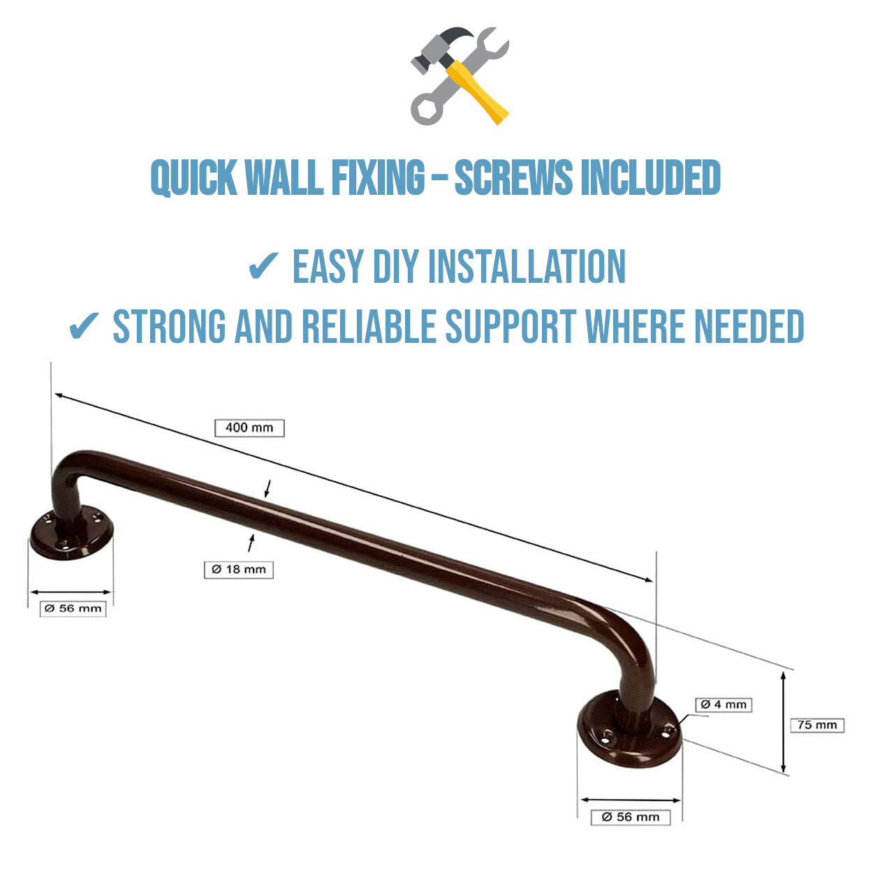 Bathroom Grab Bar for Elderly, Disabled, Seniors - 400 mm Brown Safety Handrail with Fixings - Powder Coated Steel Support Handle