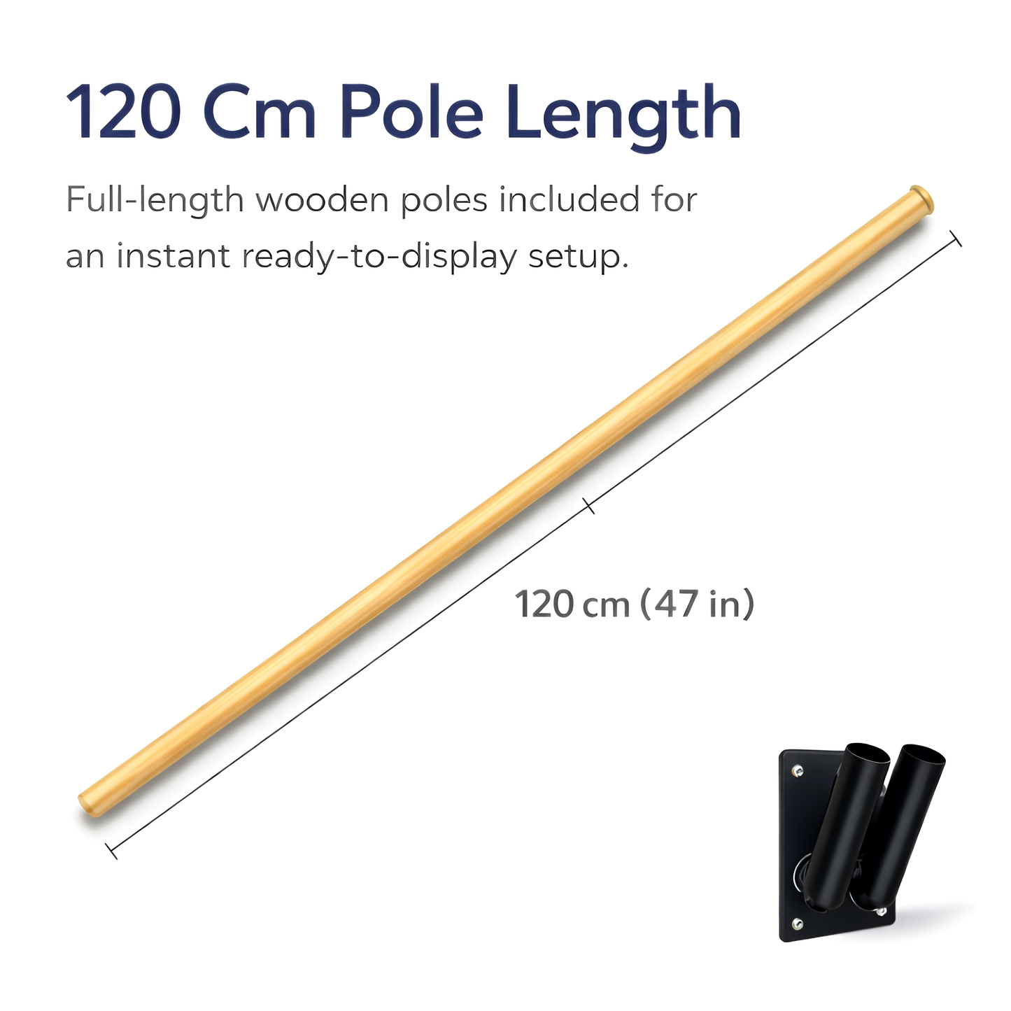 Double Flag Pole Bracket Wall Mount Outdoor with 2 x 120 cm - 47 Inch Wooden Poles - Black Powder Coated Steel Twin Flag Holder
