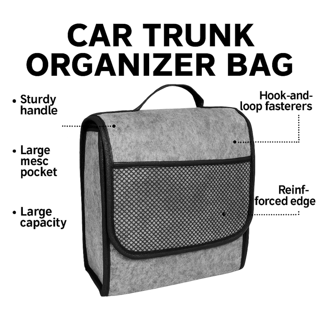 Car Boot Organiser Bag - Grey Felt Storage Box with Handle, Front Pocket, Hook-and-Loop Strips - 26 x 14.5 x 33 cm Car Trunk Case