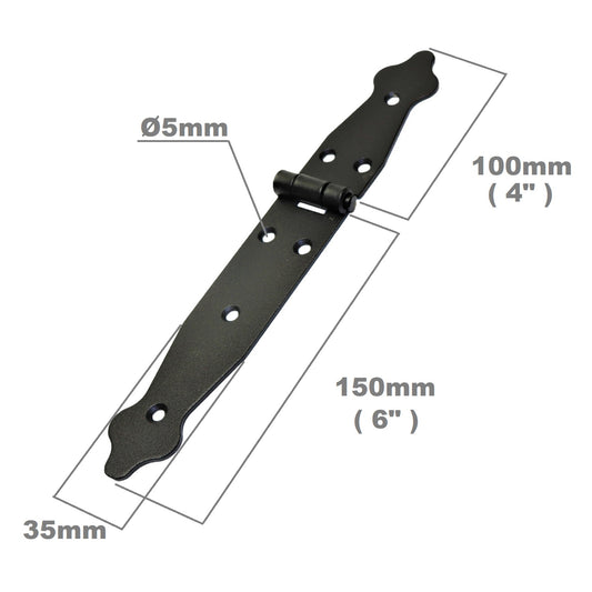 2 Pcs x 100+150 mm Backflap Hinge Black, Steel Back Flap Hinges, Weather Resistant, Rust Proof Powder Coating, Strap Hinges