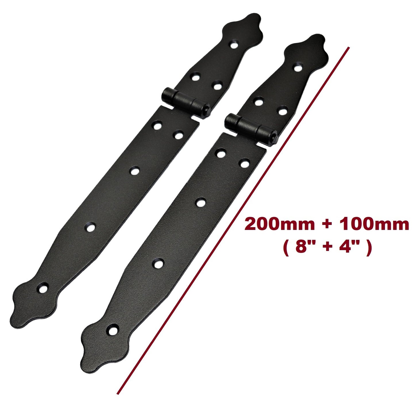 2 Pcs x 100+200 mm Backflap Hinge Black, Steel Back Flap Hinges, Weather Resistant, Rust Proof Powder Coating, Strap Hinges