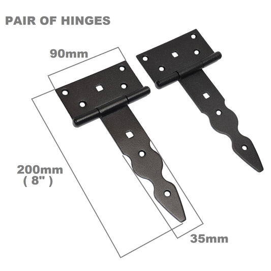 Pack of 2 x 150 mm T-Hinge Black, Steel Tee Hinges, Weather Resistant, Rust Proof Powder Coating, T Strap Hingess